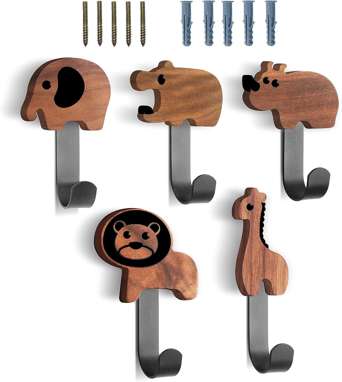 Qivine 5Pcs Wood Animal Coat Hooks for Kids 1
