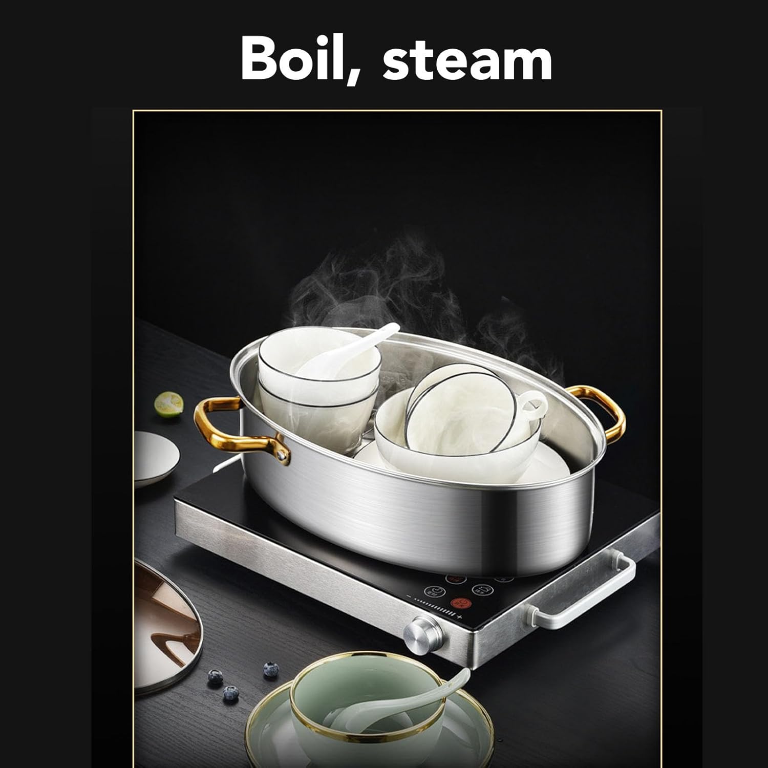 Stainless Steel Fish Steamer with Ceramic Lid and Rack