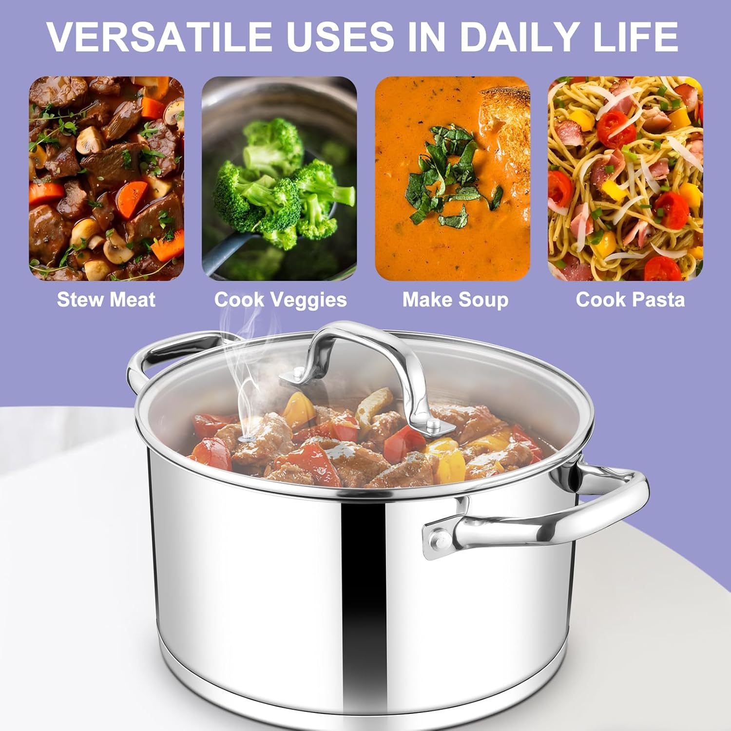 TeamFar 8QT Stock Pot with Lid and Double Handles