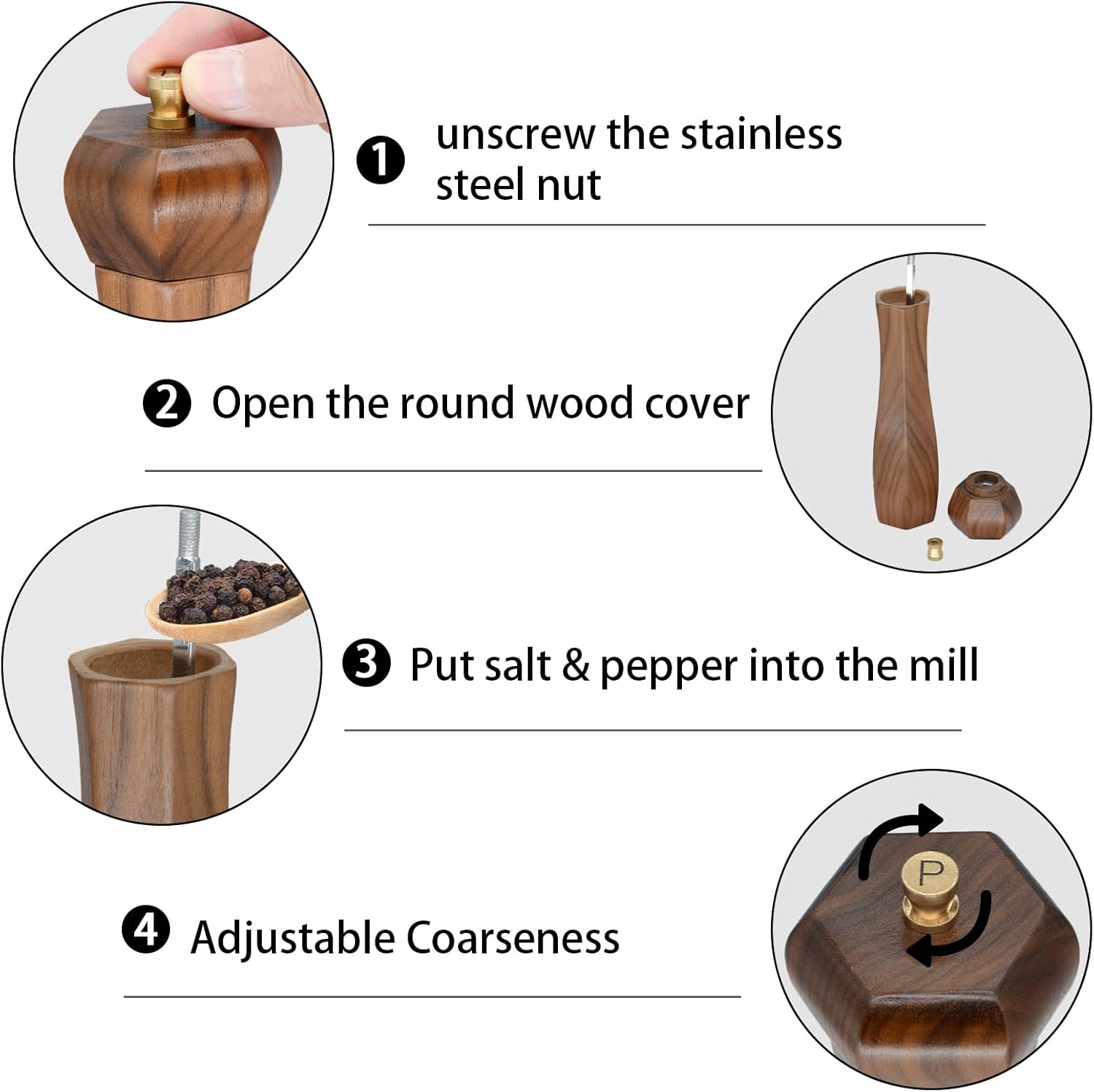 UNIOVC Wooden Salt and Pepper Grinder Set with Adjustable Coarseness