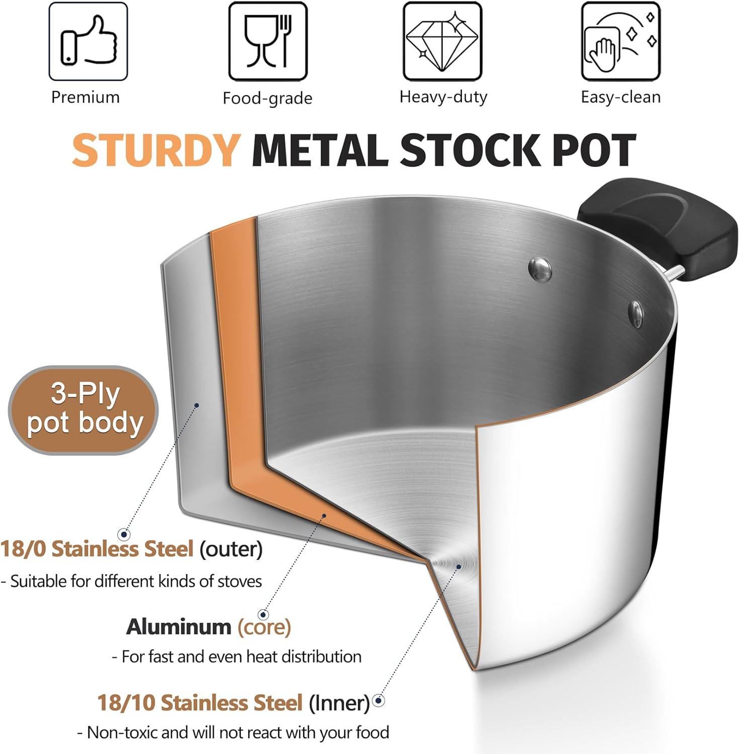 PP CHEF 8 Qt Stock Pot with Lid 3-Ply Stainless Steel