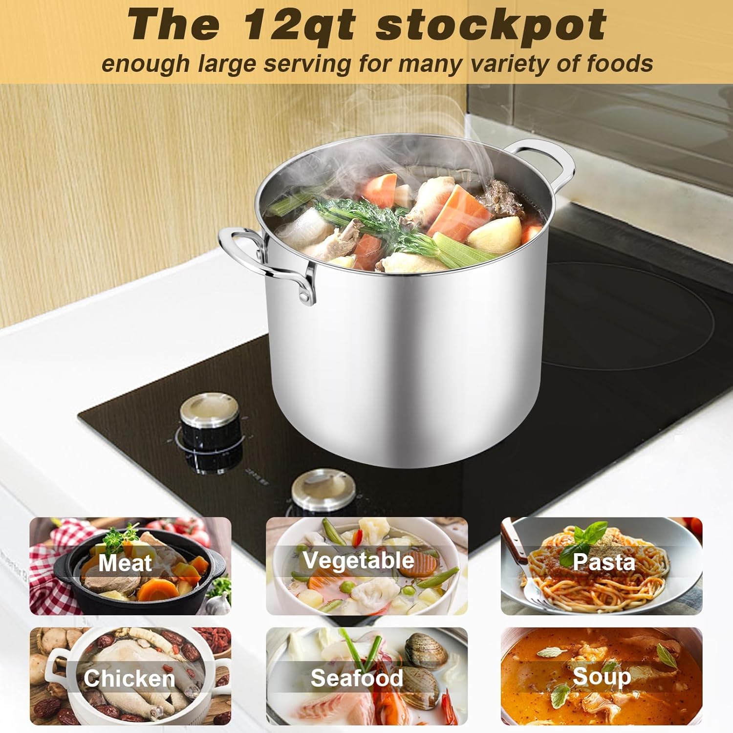 TeamFar 12 Quart Stock Pot with Lid 1810 Stainless Steel