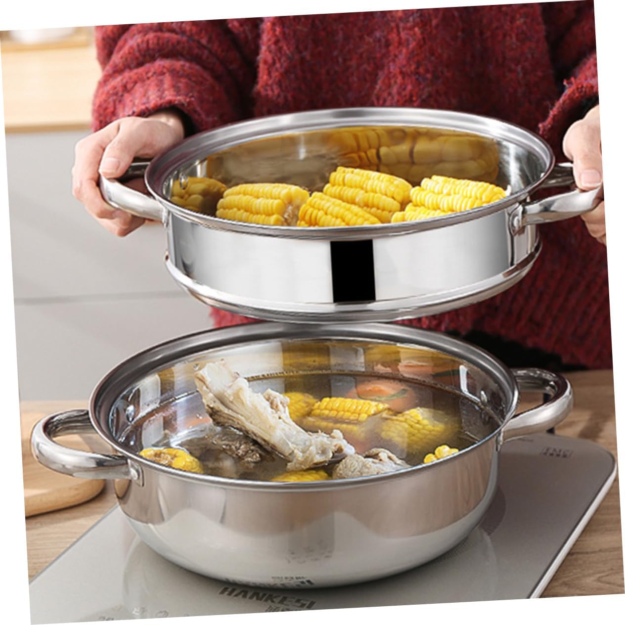 BEBEMOKO 3 Layer Steamer Pot Stainless Steel Glass with Anti-Scalding Handle