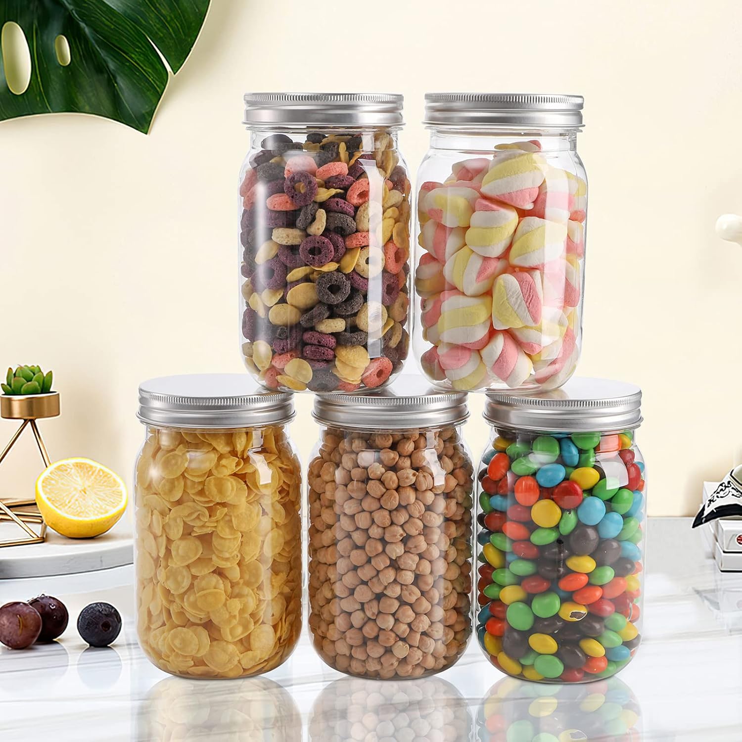 Tebery 12 Pack Clear Plastic Mason Jars with Lids 16OZ Shatterproof Drinking Jar