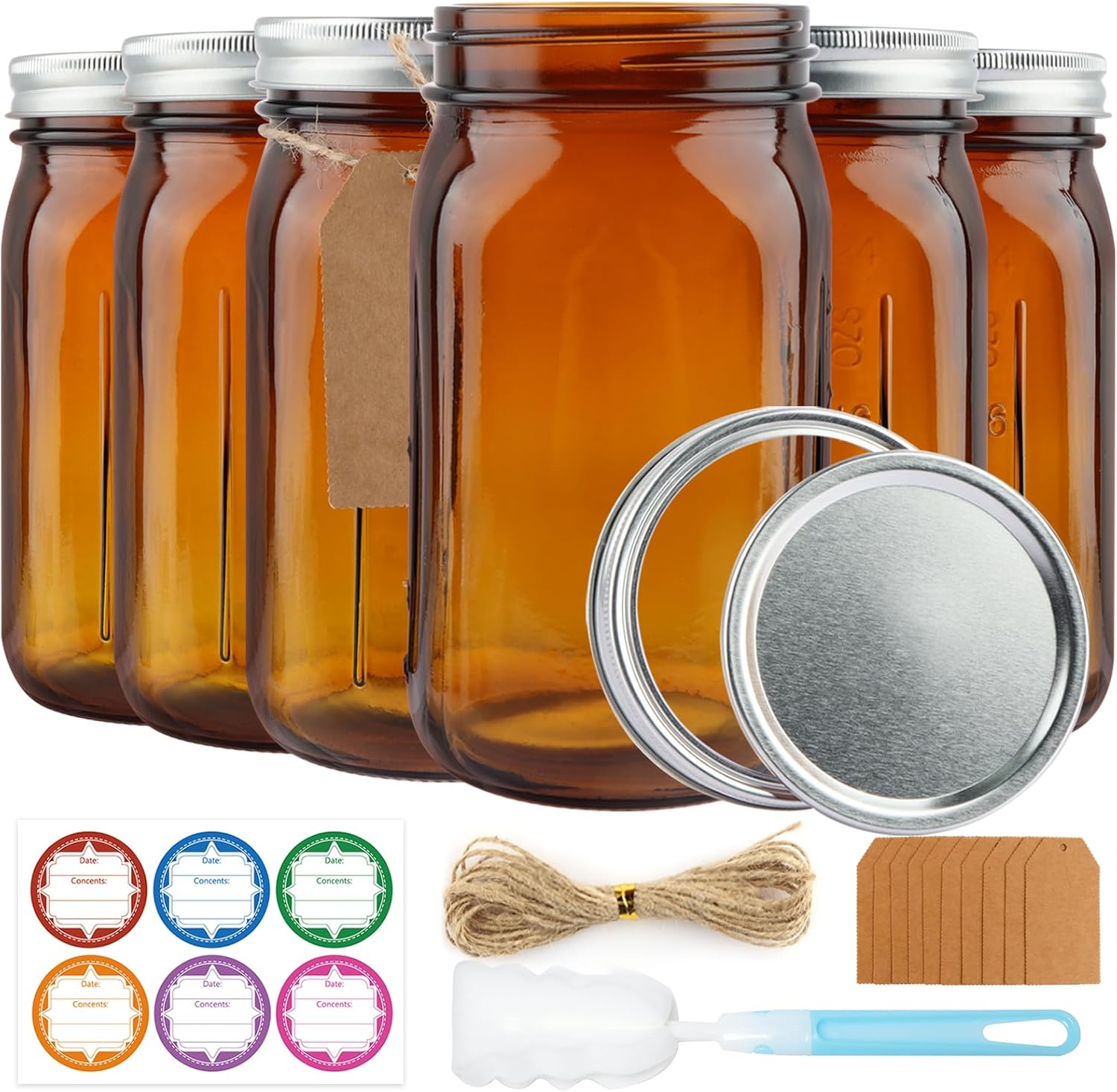 CARBLIN 6 Pack 32 oz Amber Canning Jars with Lids