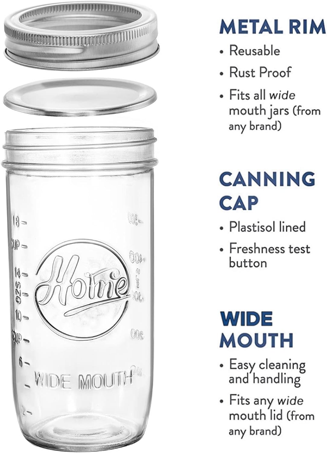 Tebery 6 Pack 24-Ounce Wide Mouth Canning Jars with Airtight Lids