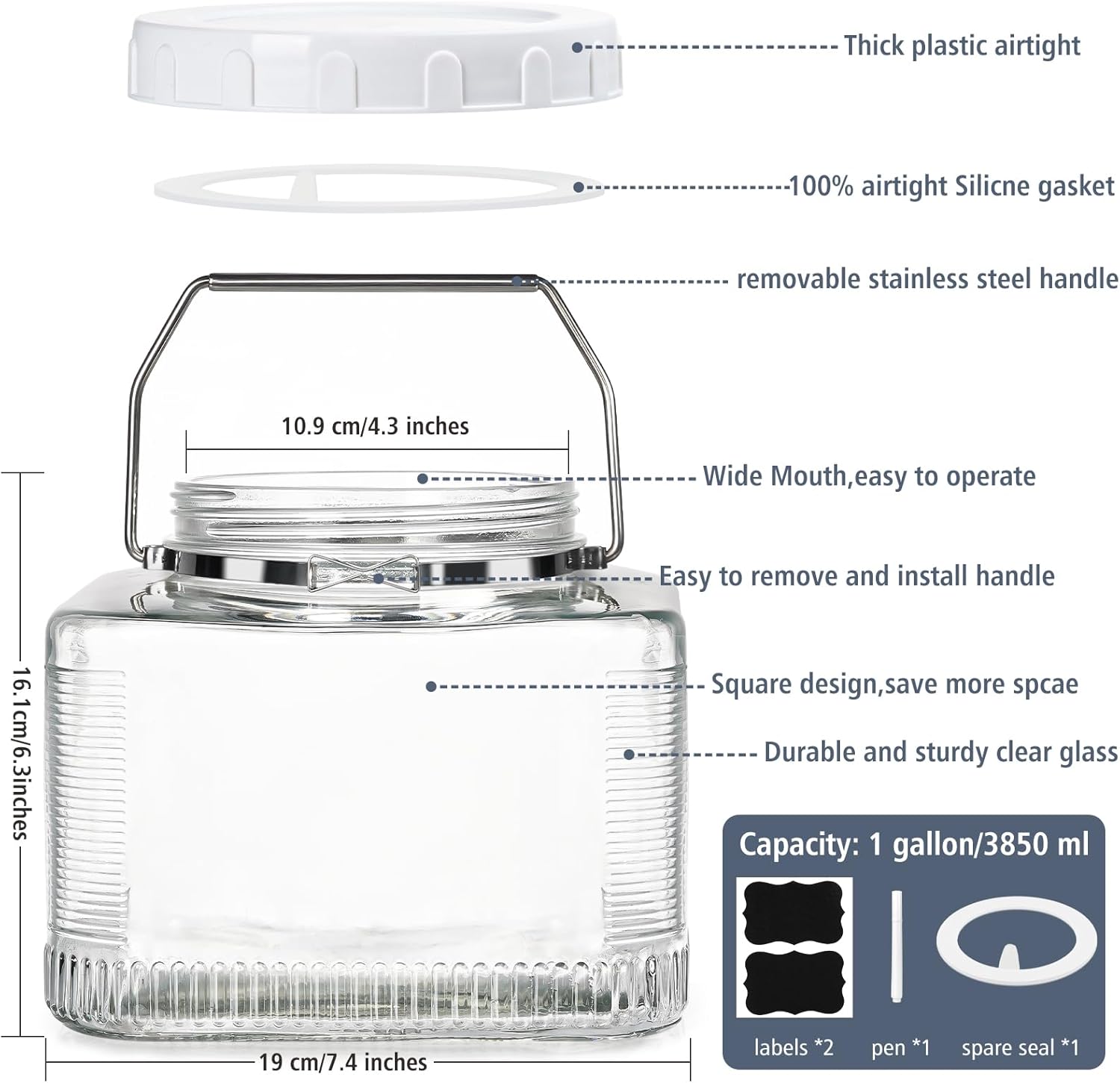 Folinstall 2 Pack 1 Gallon Mason Jars with Lid and Handle