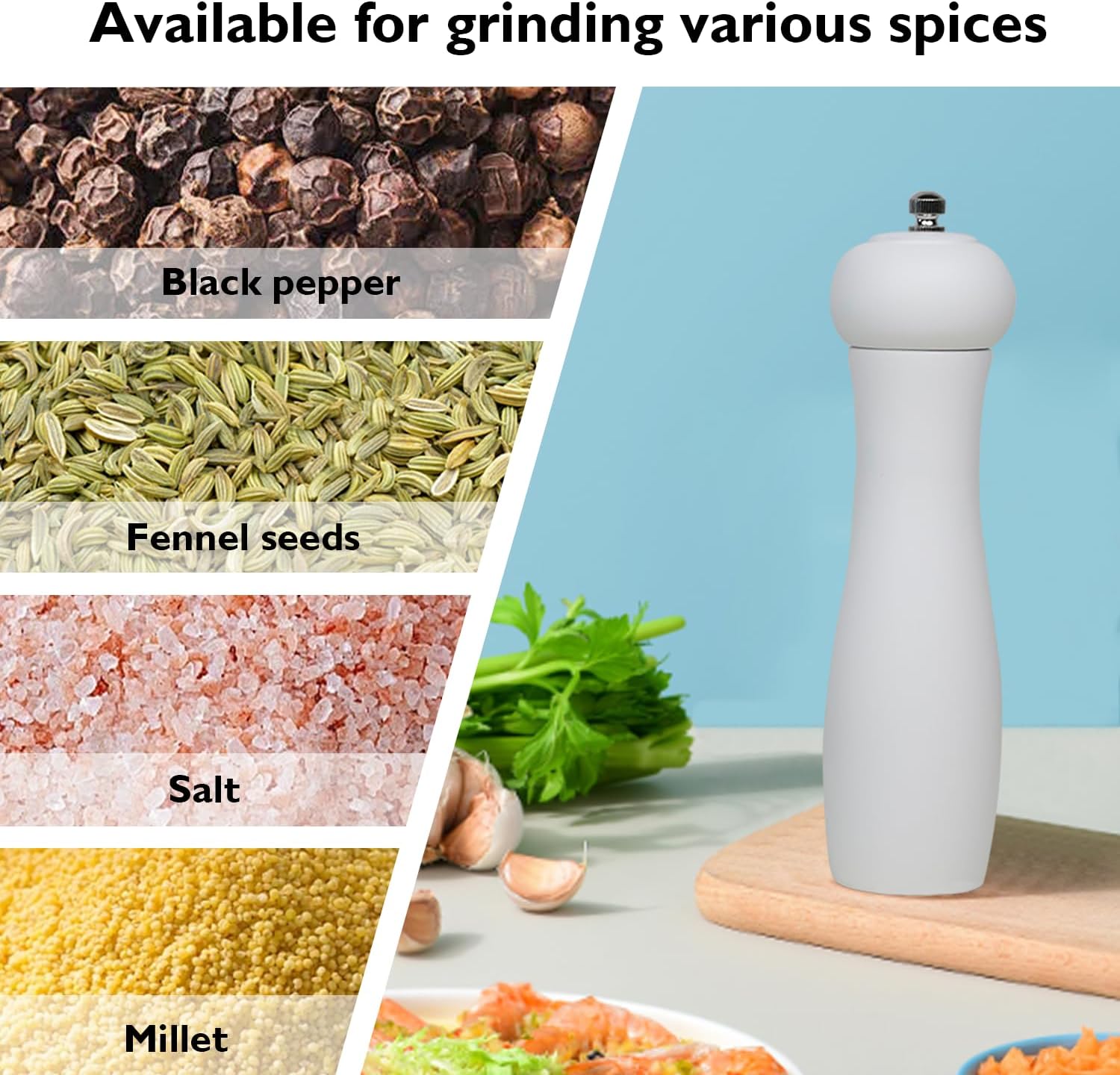 ManGotree Wooden Pepper Mill Grinder Adjustable Coarseness Refillable Oak Wood 8 Inch White