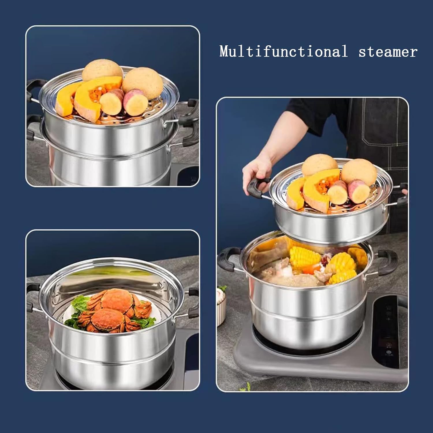 LCPUD 11 Inch 3-Tier Stainless Steel Steamer Pot with Lid