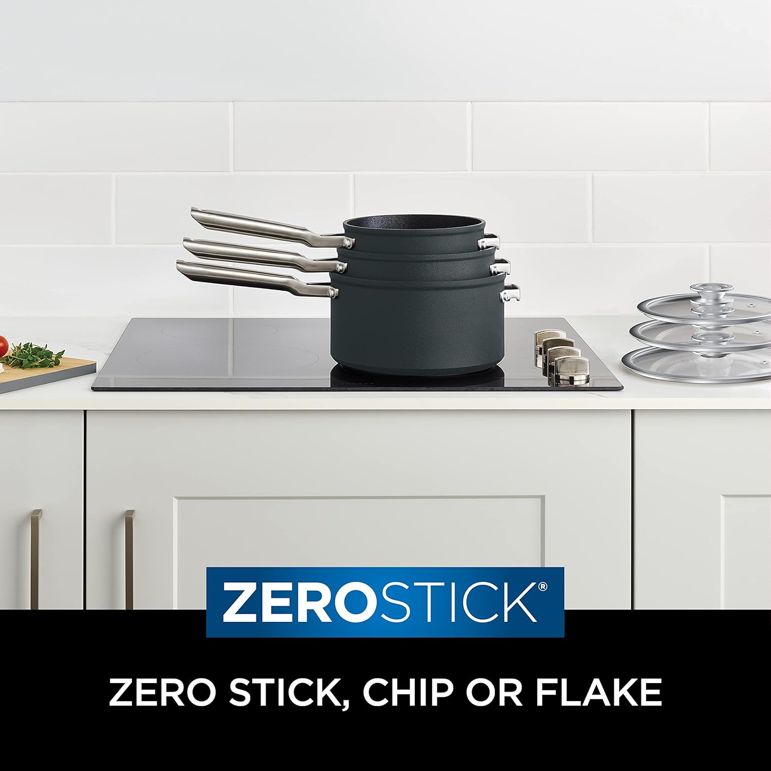 Ninja ZEROSTICK 3-Piece Stackable Saucepan Set Non-Stick Grey 16cm 18cm 20cm