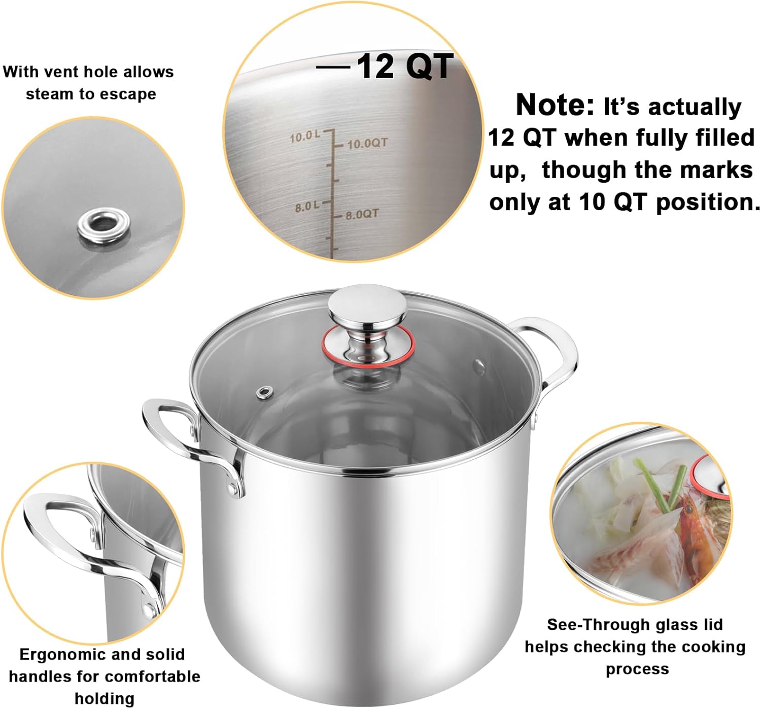 TeamFar 12 Quart Stock Pot with Lid 1810 Stainless Steel