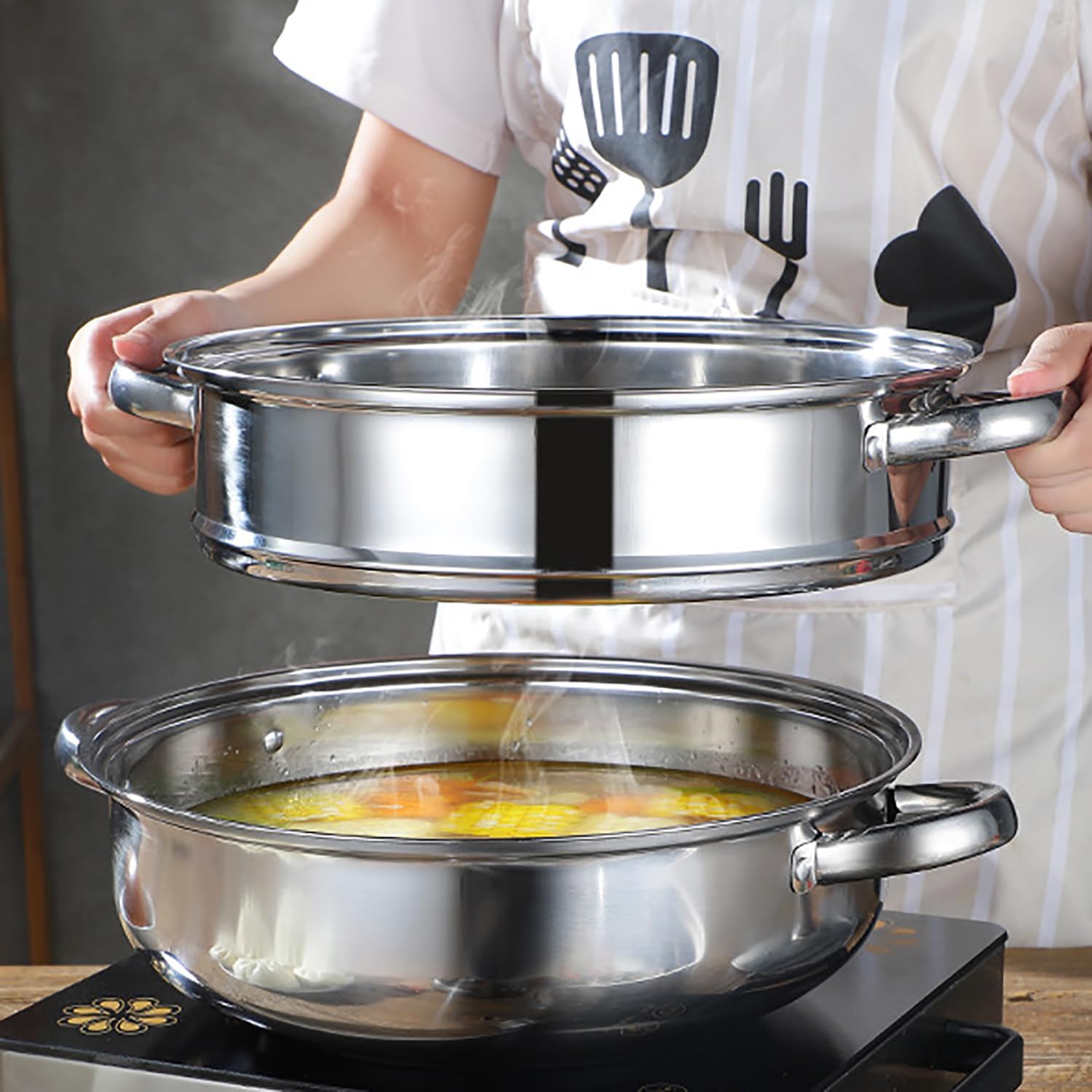 Stainless Steel 11 Inch 2-Tier Steamer Pot with Lid