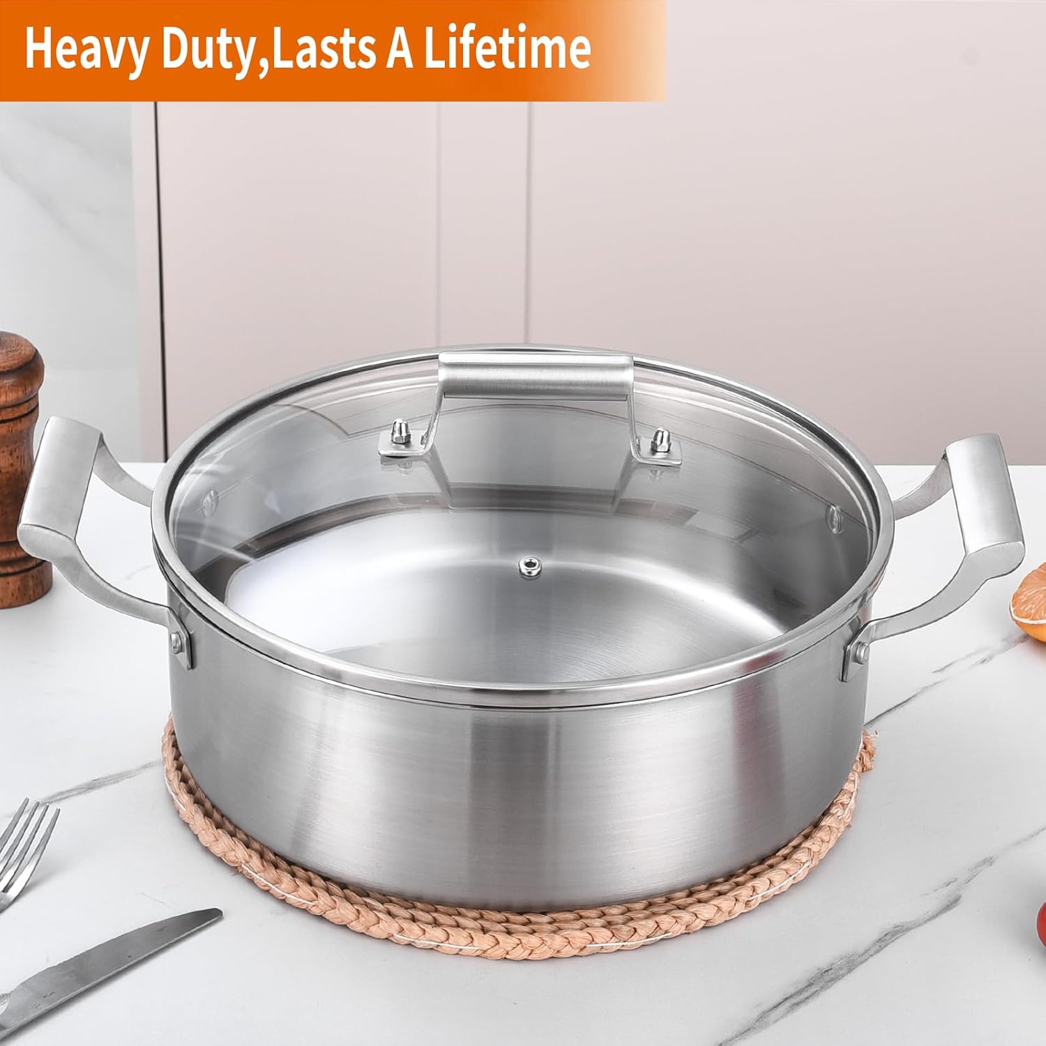 Delarlo 7QT Tri-Ply Stainless Steel Stockpot with Glass Lid