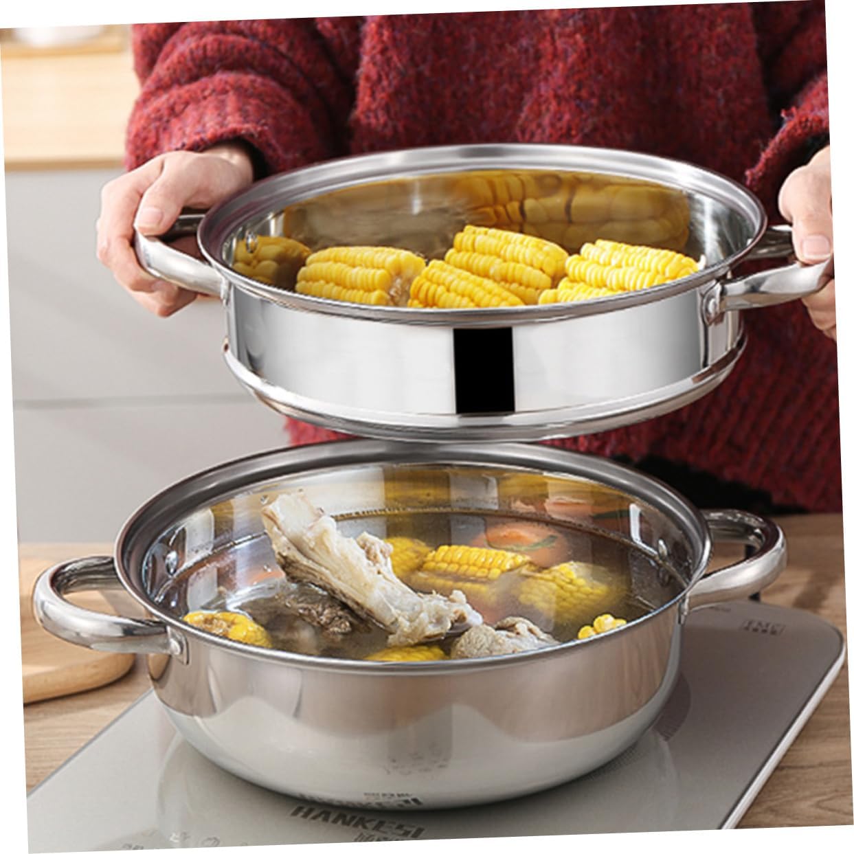 IMIKEYA 28cm Stainless Steel Steaming Pot with High Lid 1