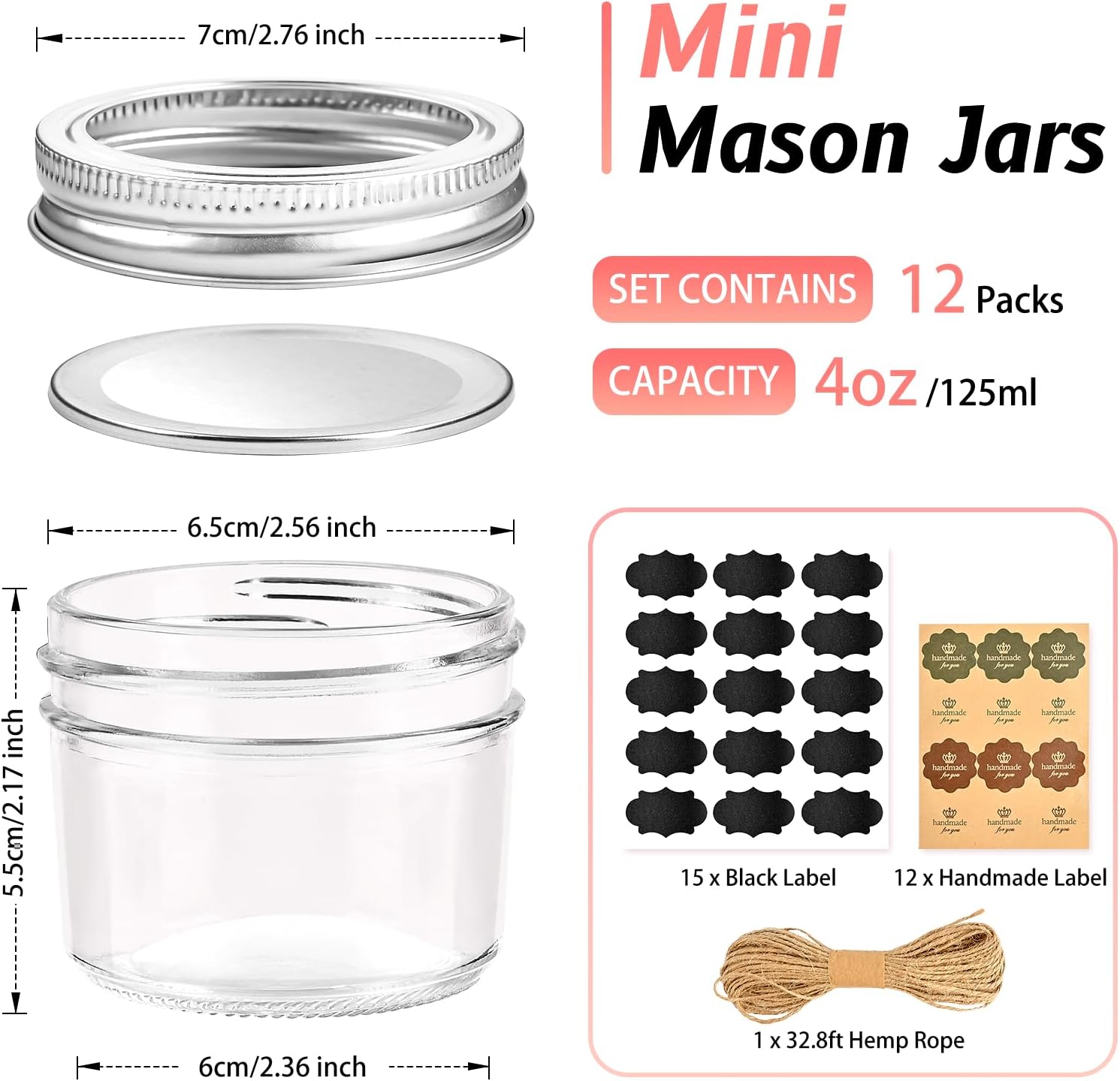 TUZAZO 4 oz Mason Jars 12 Pack with Lids and Labels