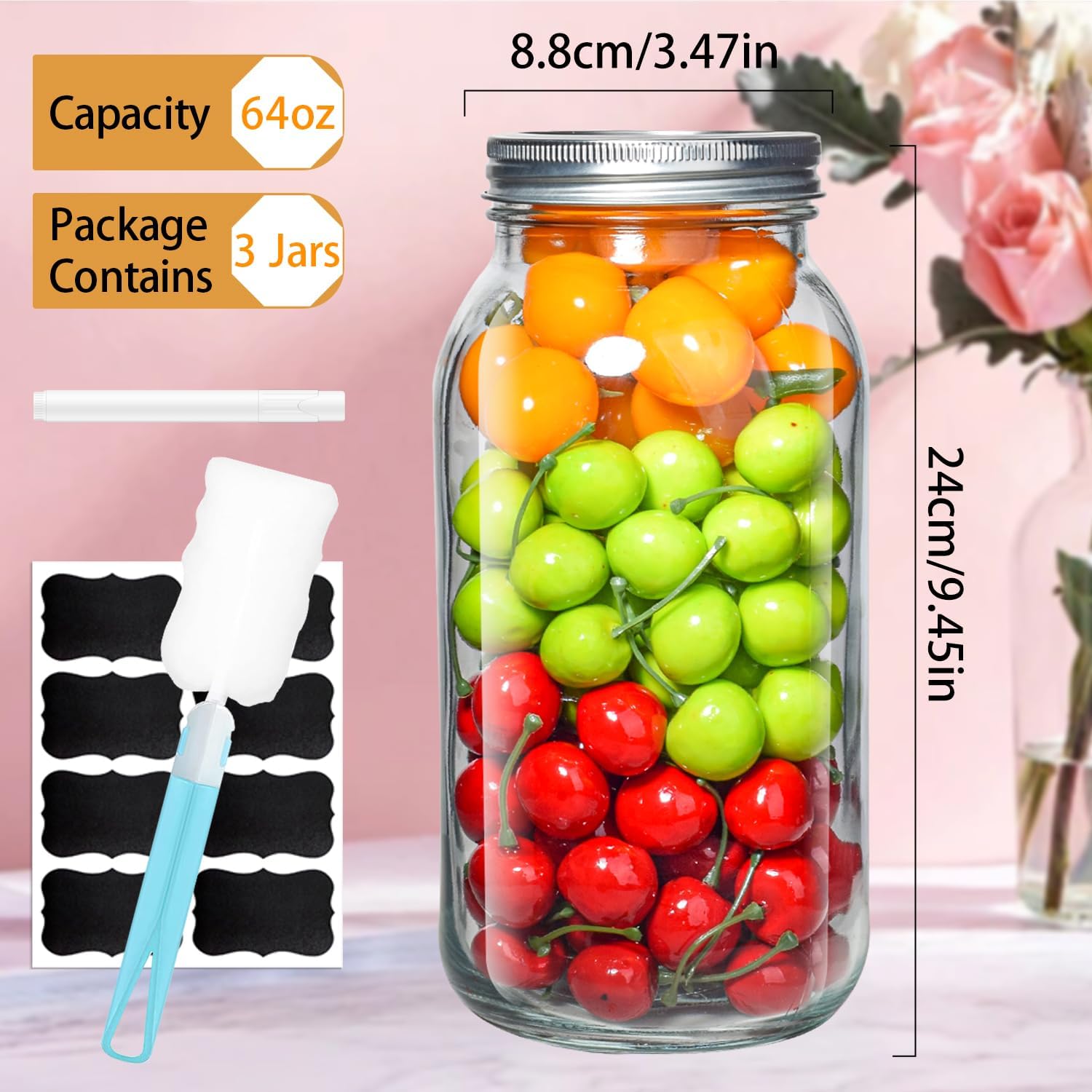64 oz Mason Jars 3 Pack Large Half Gallon Airtight Lids