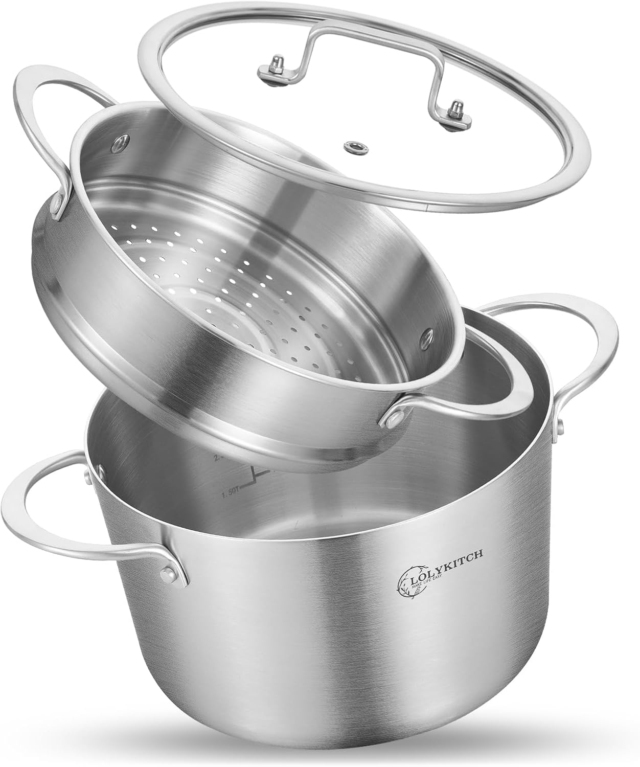 LOLYKITCH 3 Qt Tri-Ply Stock Pot with Lid and Steamer 1