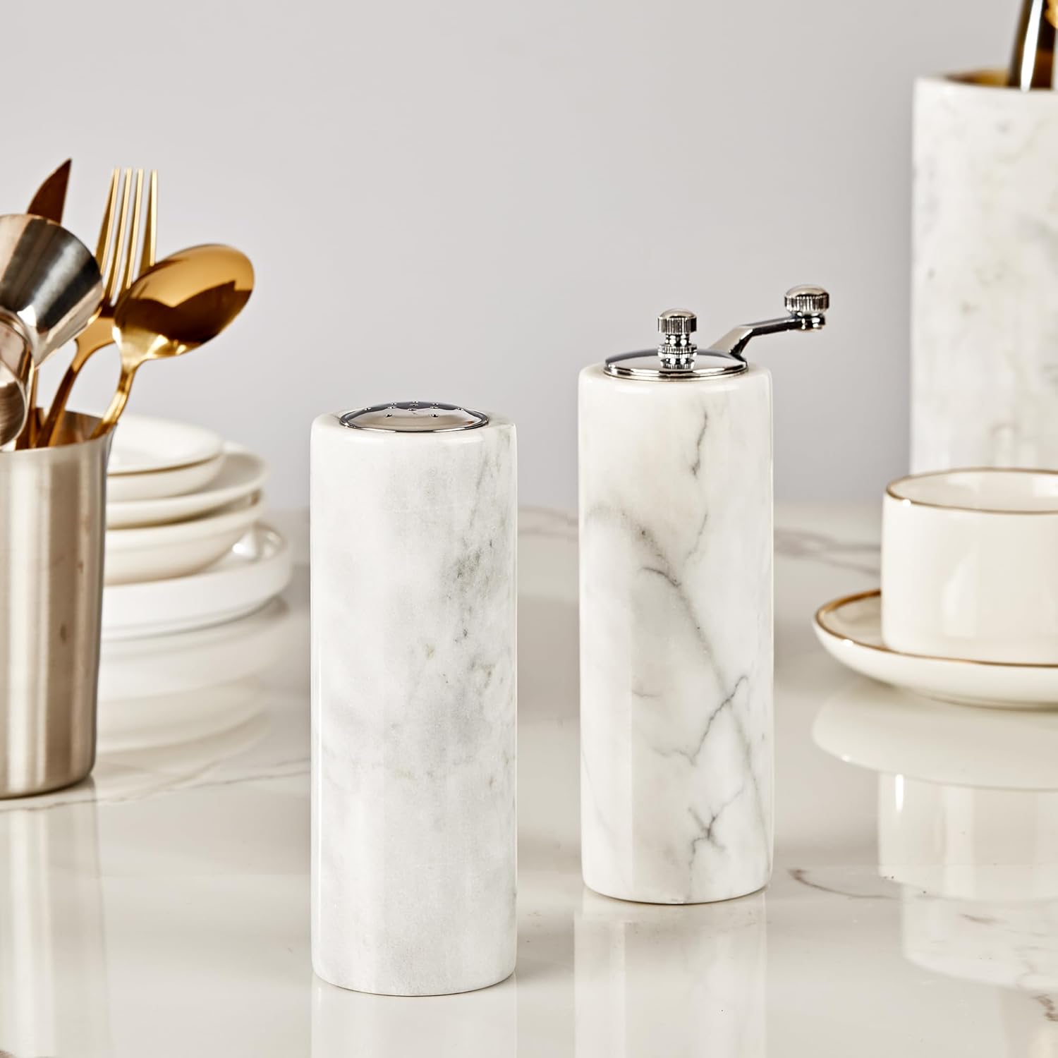 White Marble Salt Pepper Shaker Set with Adjustable Grinder