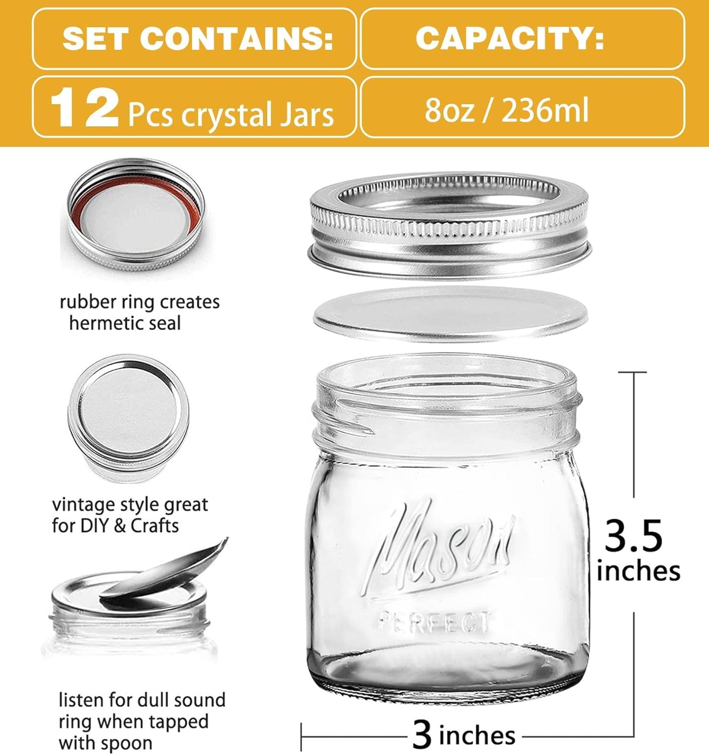 Tynatune 8 Oz Mason Jars 12 Pack with Lids and Bands