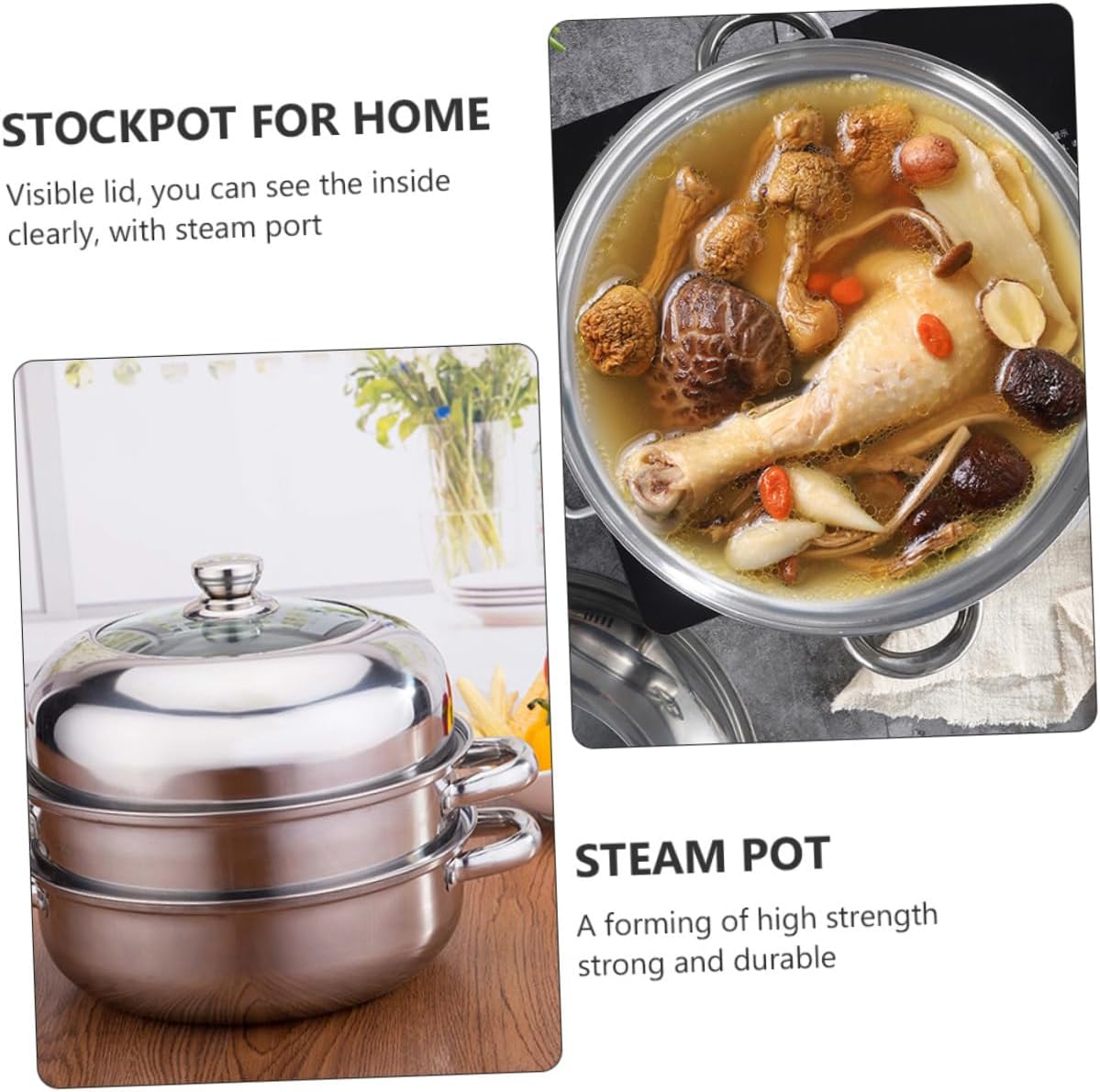 BEBEMOKO 3 Layer Steamer Pot Stainless Steel Glass with Anti-Scalding Handle