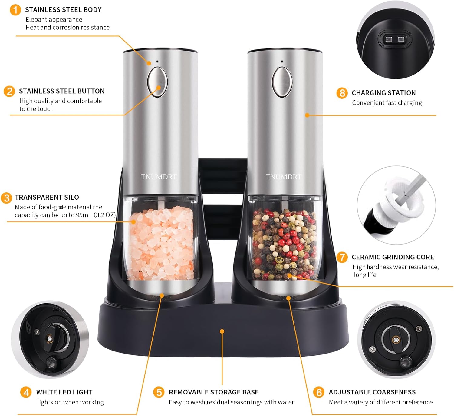 TNUMDRT Stainless Steel Pepper Mill Set with LED Light and Rechargeable Base