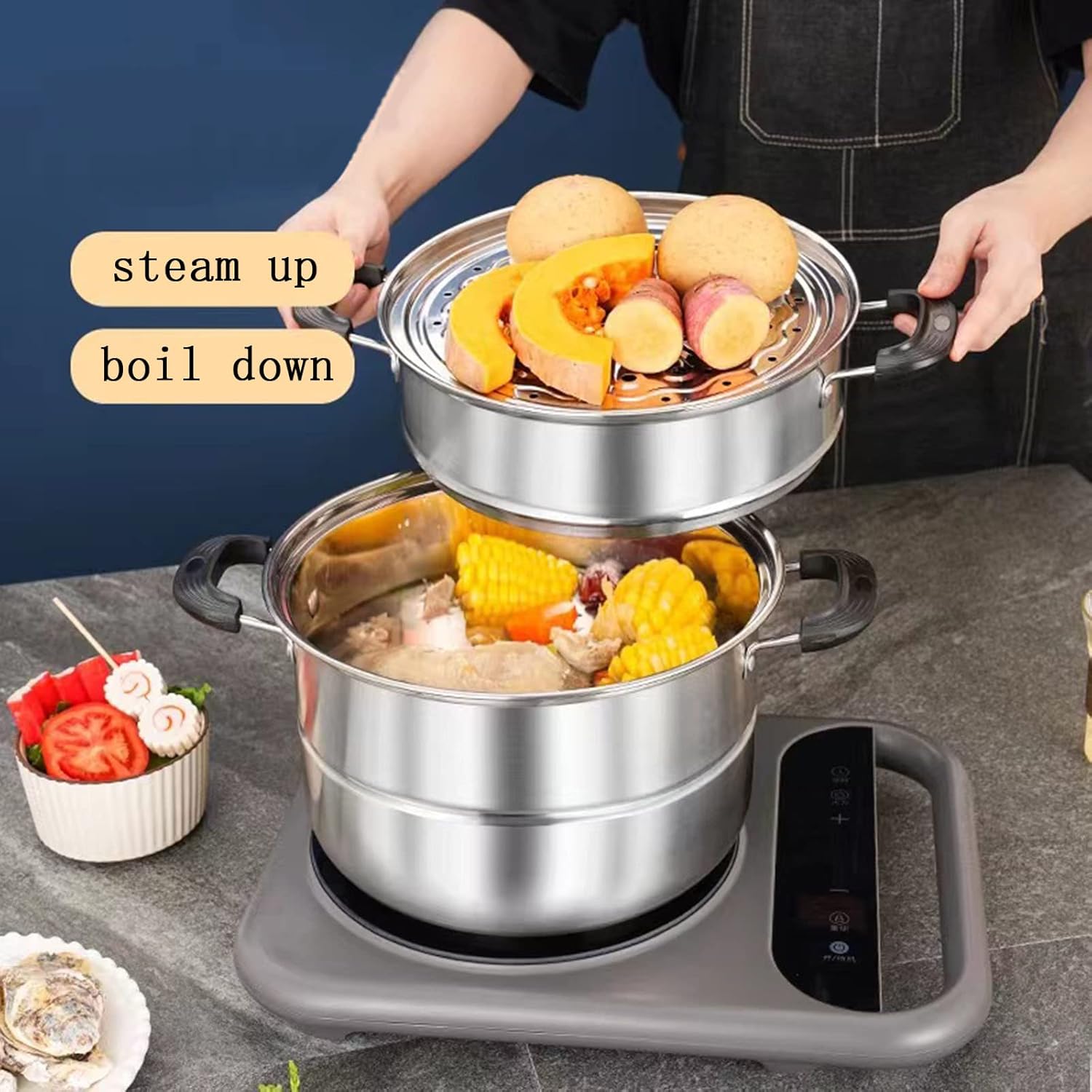 LCPUD 11 Inch 3-Tier Stainless Steel Steamer Pot with Lid