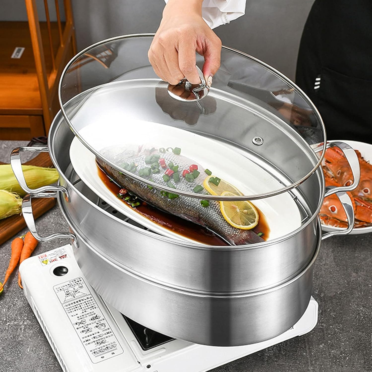Stainless Steel Oval Fish Steamer with Ceramic Plate and Rack