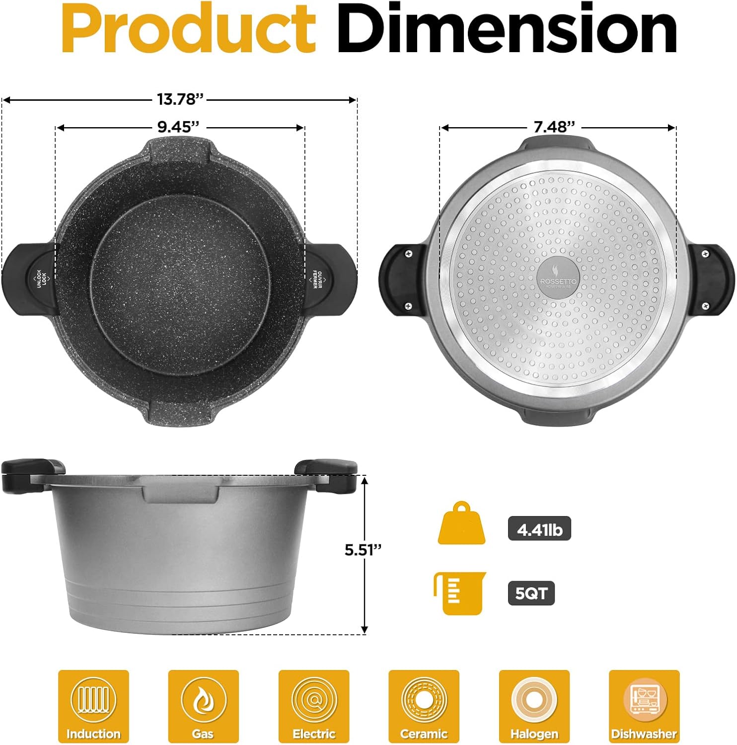 5 Quart Pasta Pot with Strainer Lid - PFOA Free Cast Aluminum Grey