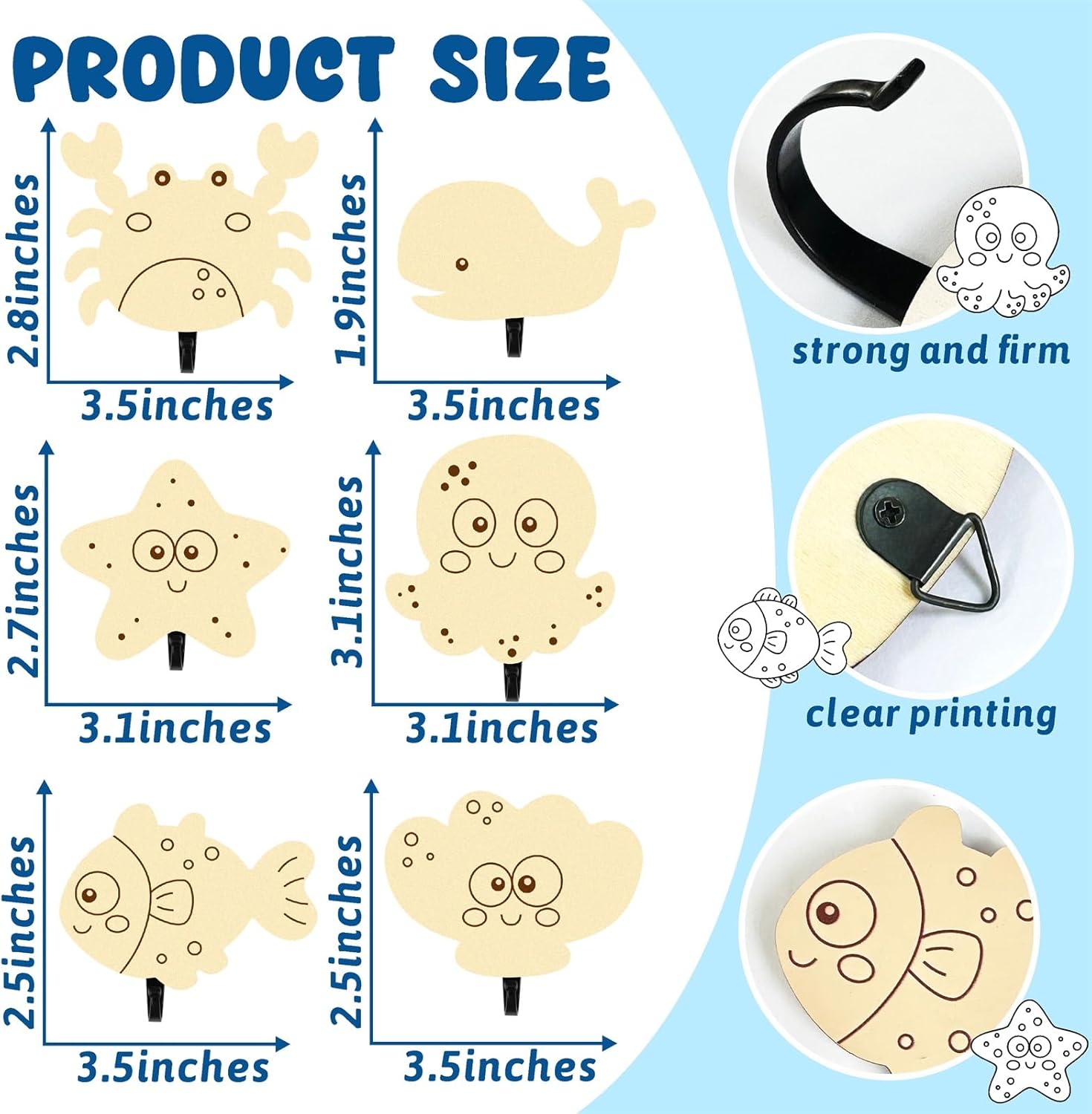 6Pcs Kids Ocean Animal Coat Hooks Wooden Wall Decor