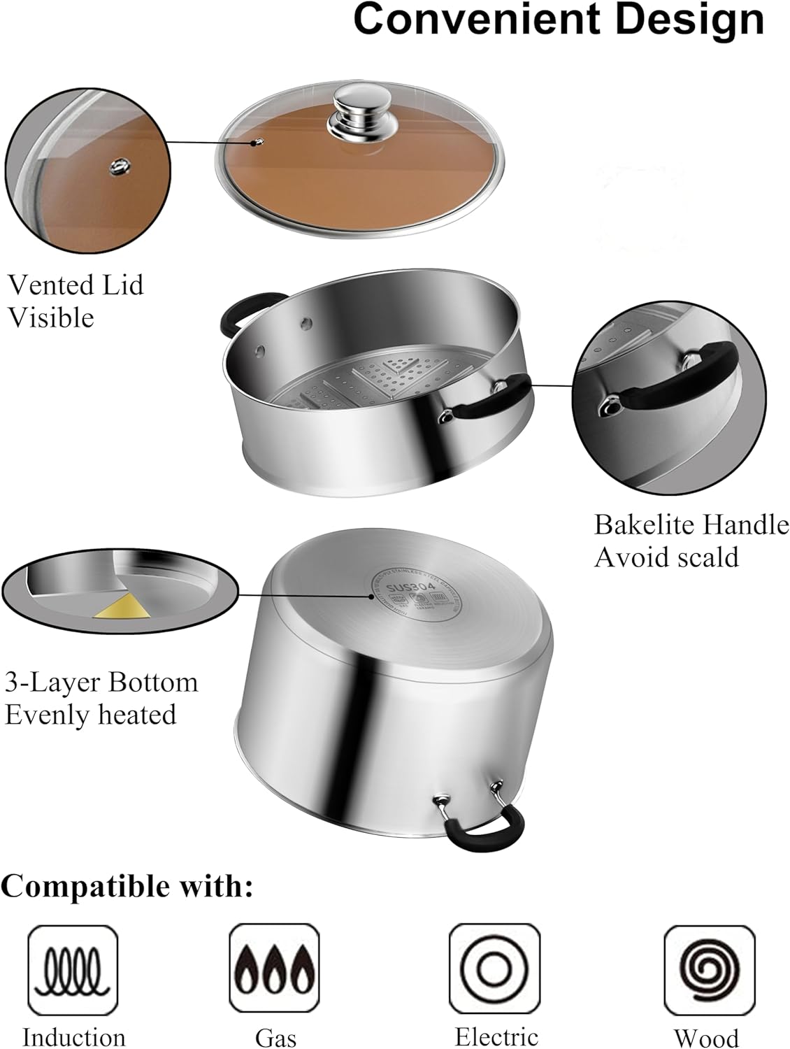 VENTION 48 QT Induction Steamer Pot with 94 Inch Basket