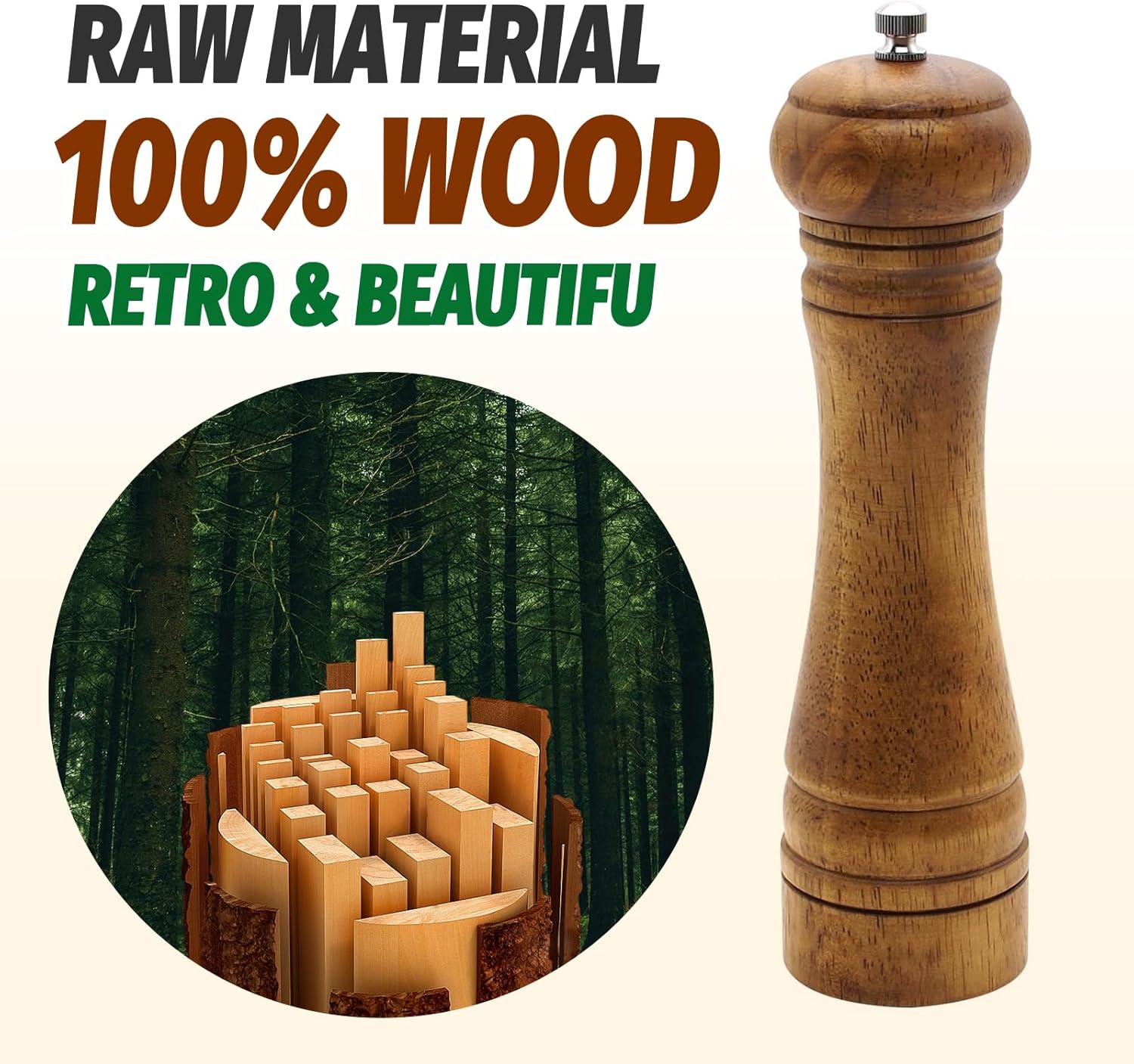 SHIKORI 10 Inch Wooden Salt Pepper Mill Set