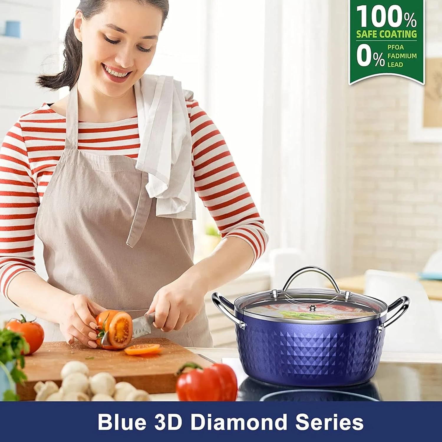 37 Quart Nonstick Stockpot with Lid - Blue Anodized Ceramic Induction Safe