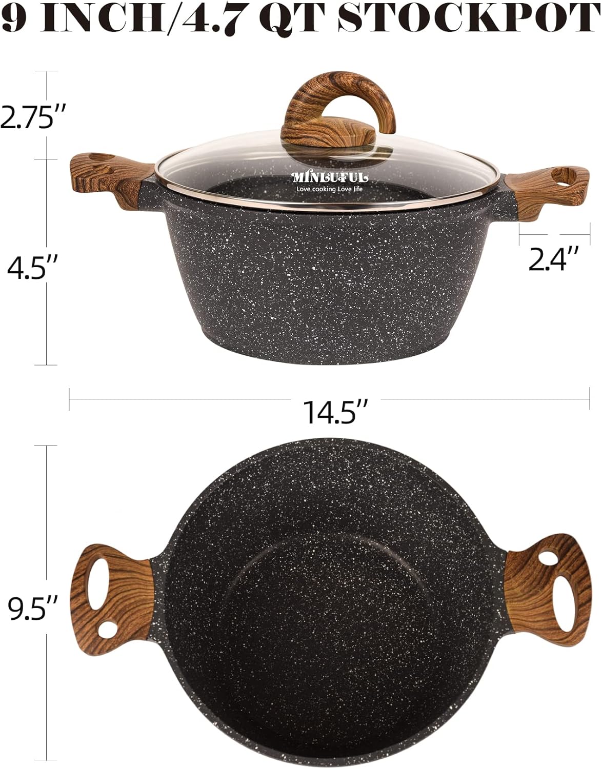 Minluful 9 Inch Nonstick Stockpot with Lid - Black