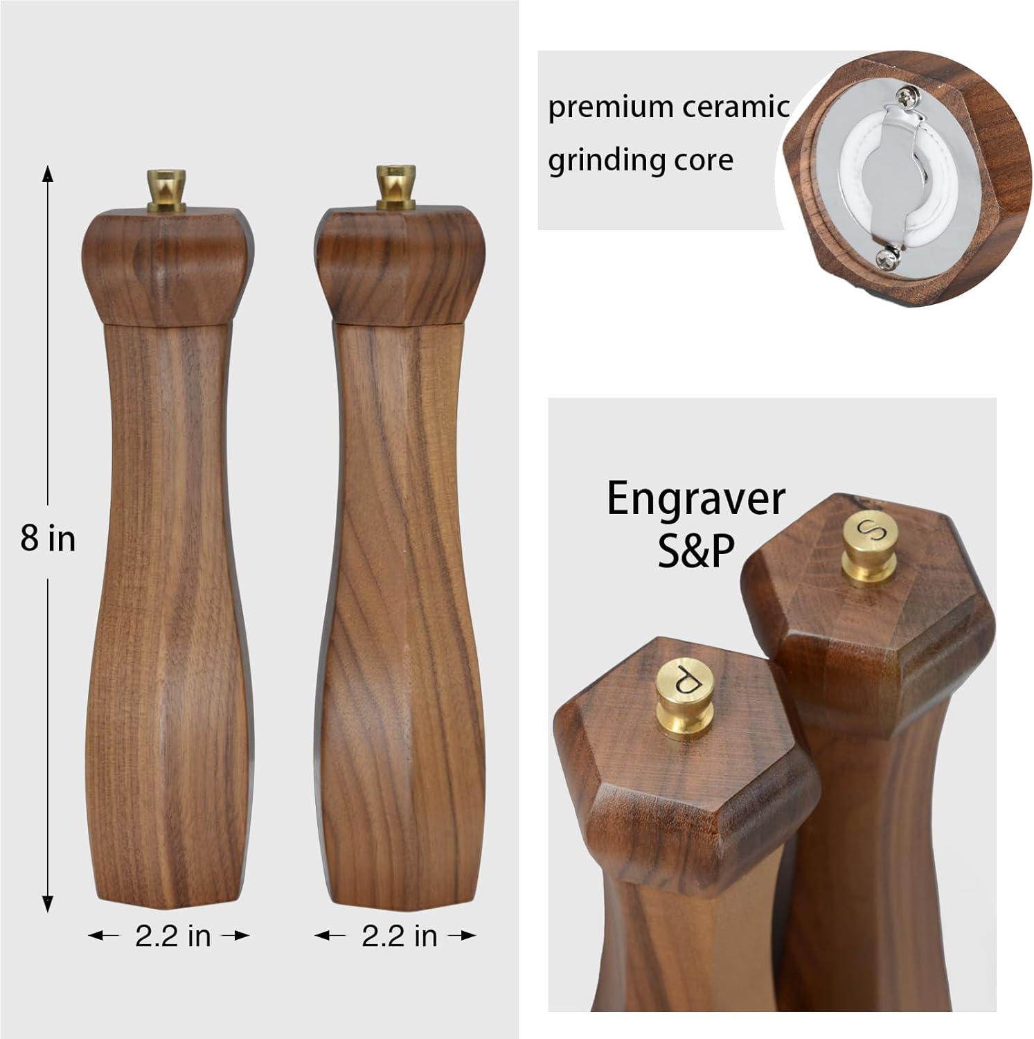 UNIOVC Wooden Salt and Pepper Grinder Set with Adjustable Coarseness