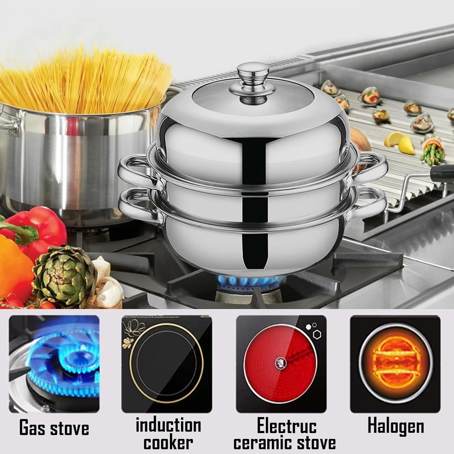 Stainless Steel 11 Inch 2-Tier Steamer Pot with Lid