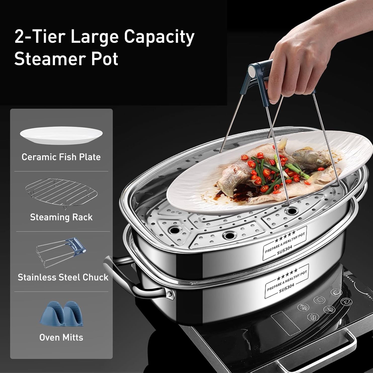 Eglaf 2-Tier Fish Steamer with Ceramic Plate and Oven Mitts 1