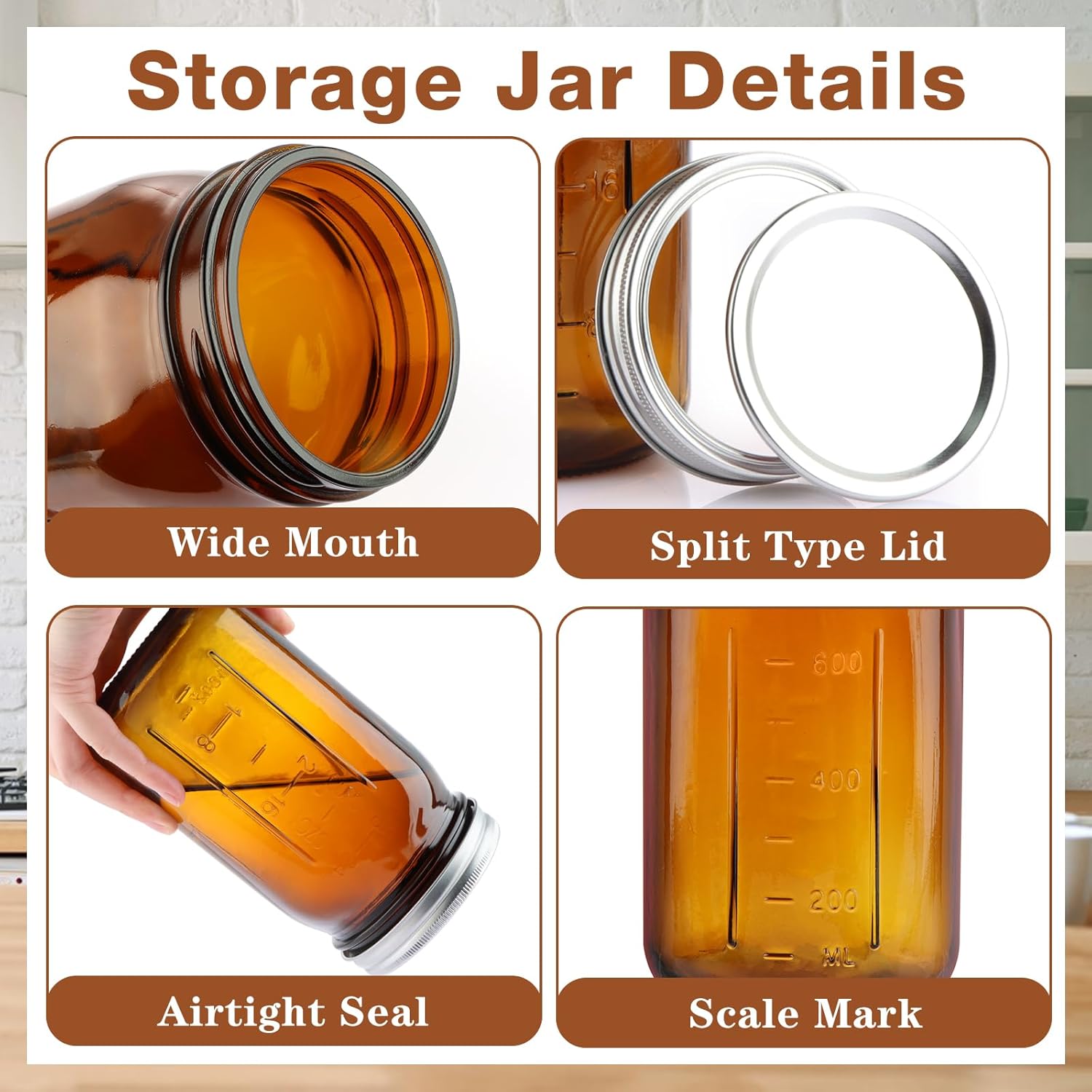 CARBLIN 6 Pack 32 oz Amber Canning Jars with Lids