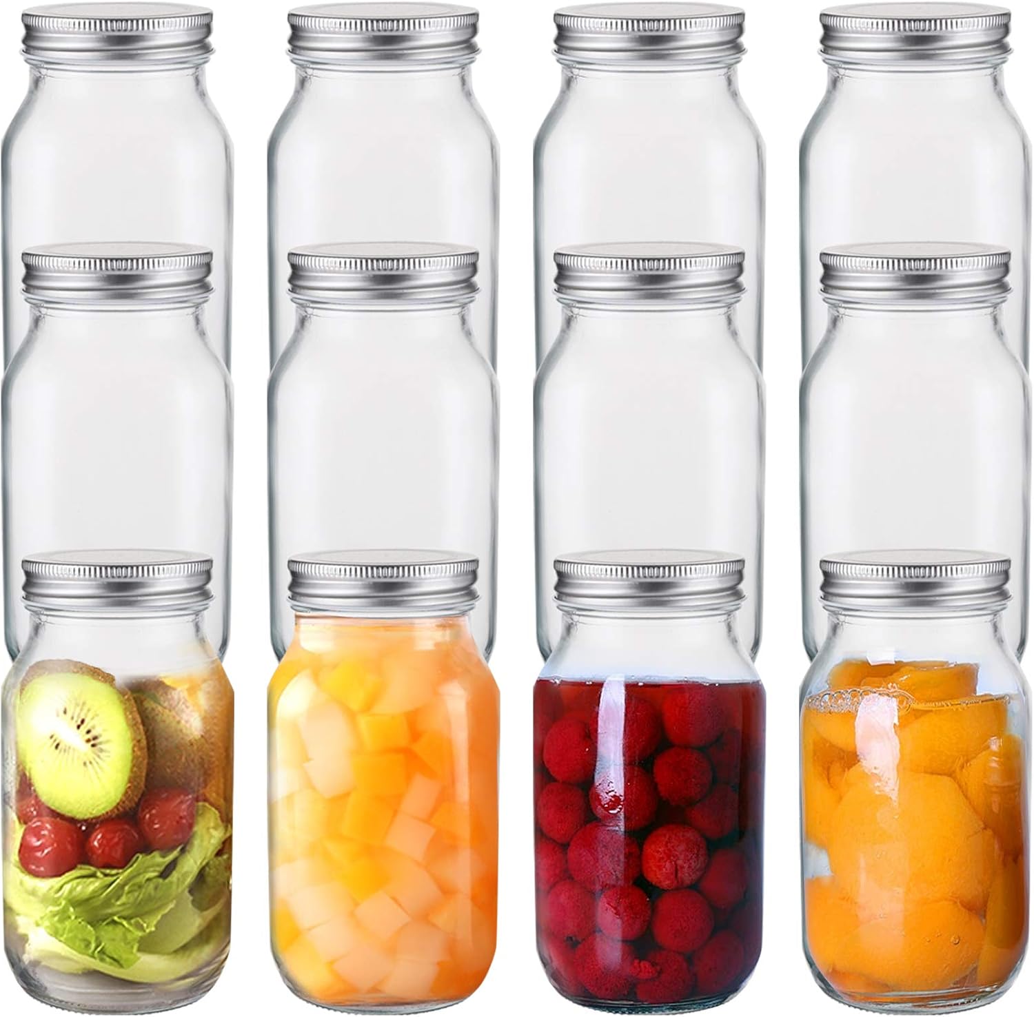Jucoan 12 Pack 24 oz Square Glass Jars with Silver Lids