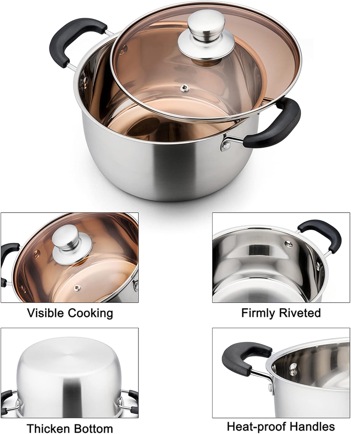 TeamFar 6 Qt Stainless Steel Stock Pot with Tempered Glass Lid