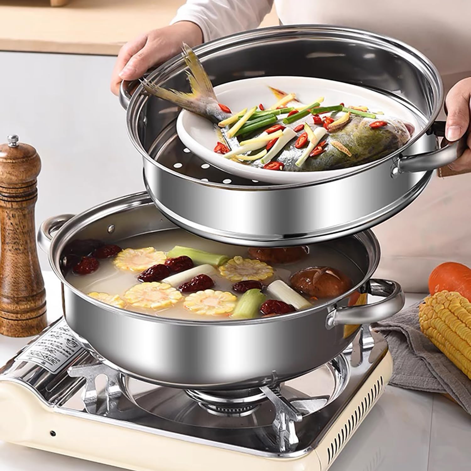 Stainless Steel 11 Inch 2-Tier Steamer Pot with Lid