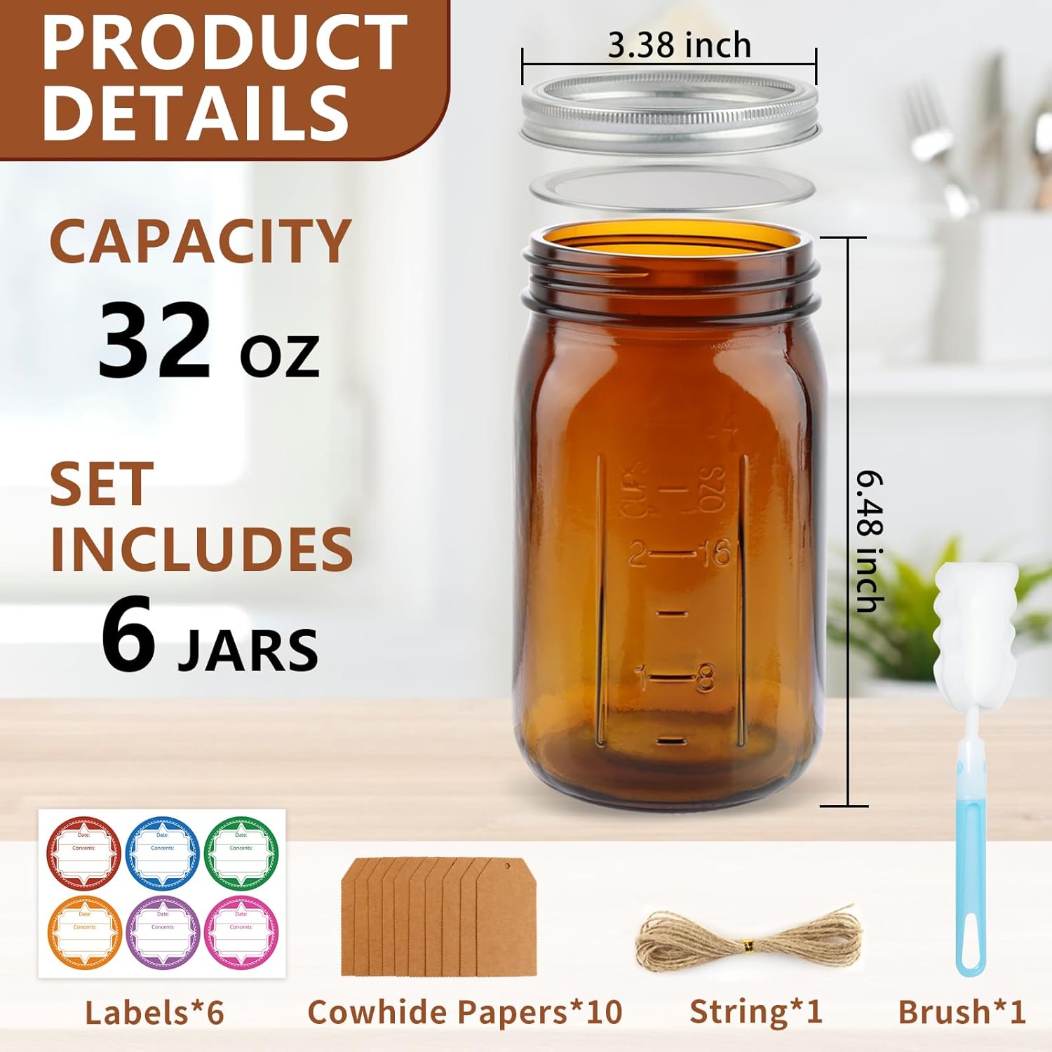 CARBLIN 6 Pack 32 oz Amber Canning Jars with Lids