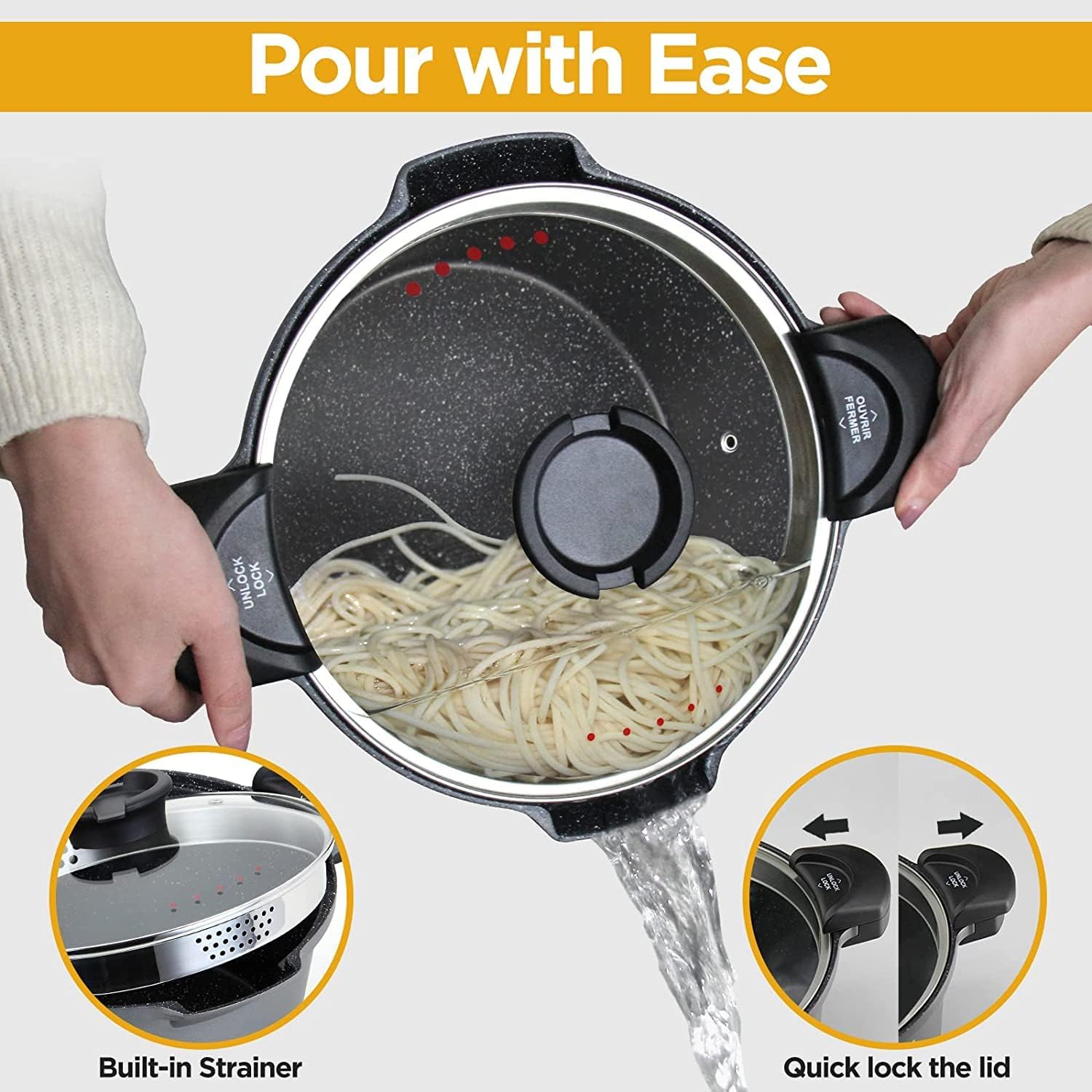 5 Quart Pasta Pot with Strainer Lid - PFOA Free Cast Aluminum Grey