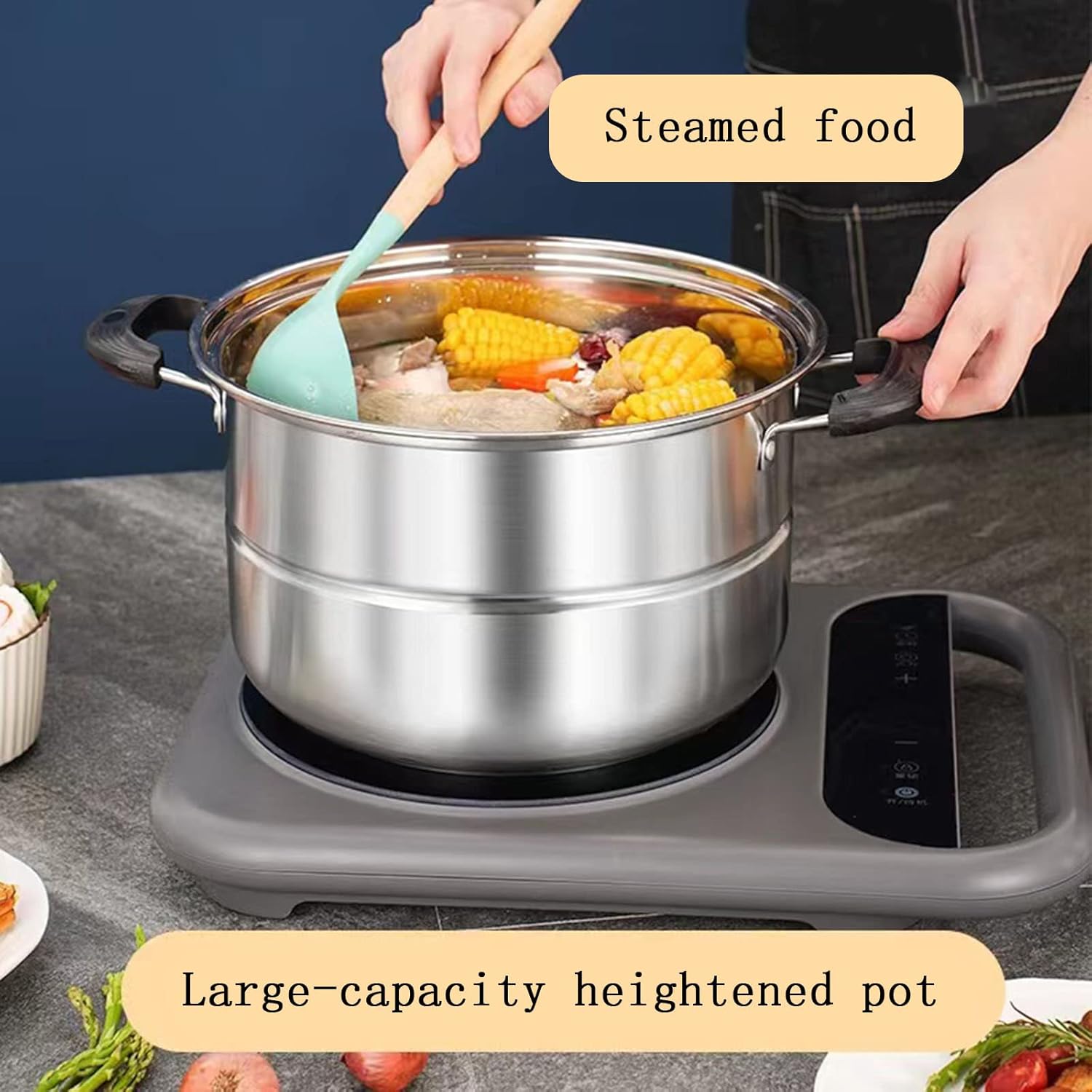 LCPUD 11 Inch 3-Tier Stainless Steel Steamer Pot with Lid