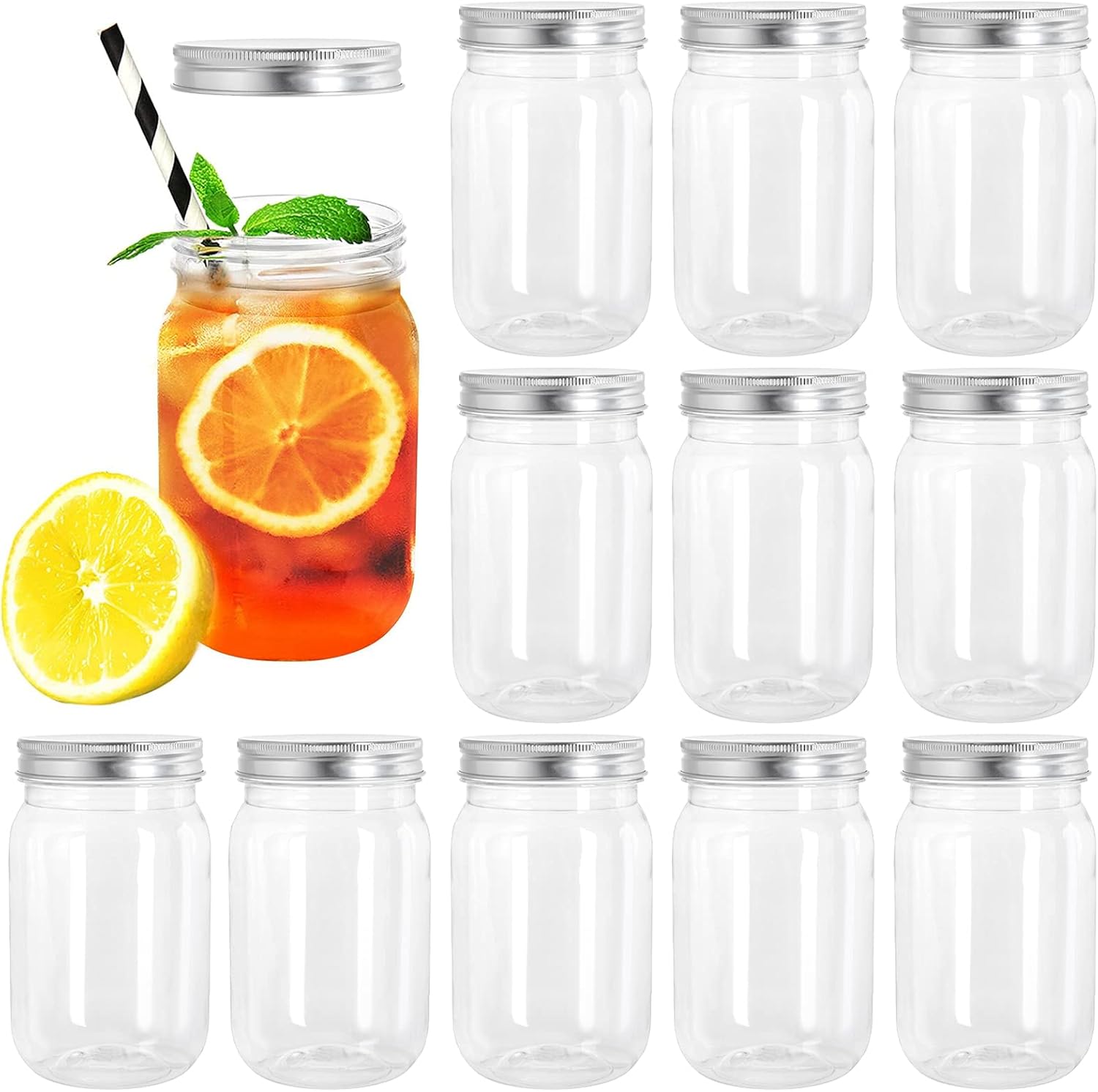 Tebery 12 Pack Clear Plastic Mason Jars with Lids 16OZ Shatterproof Drinking Jar