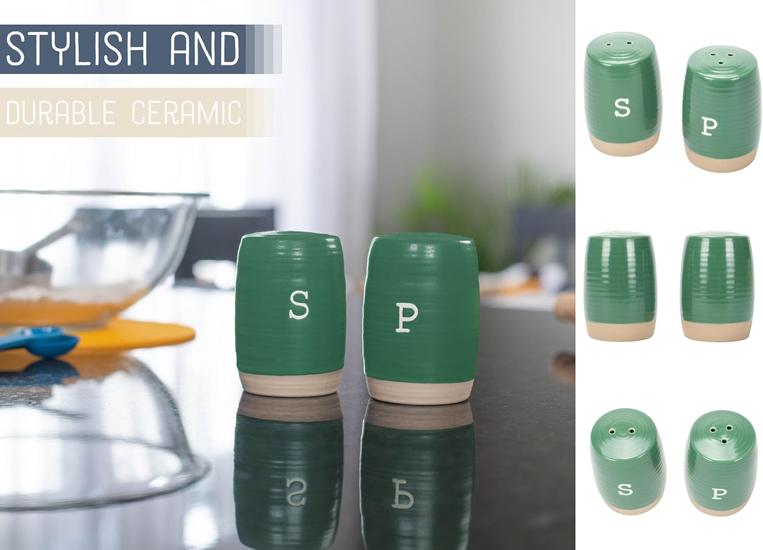 Raw Bottom Forest Green Ceramic Salt Pepper Shaker Set