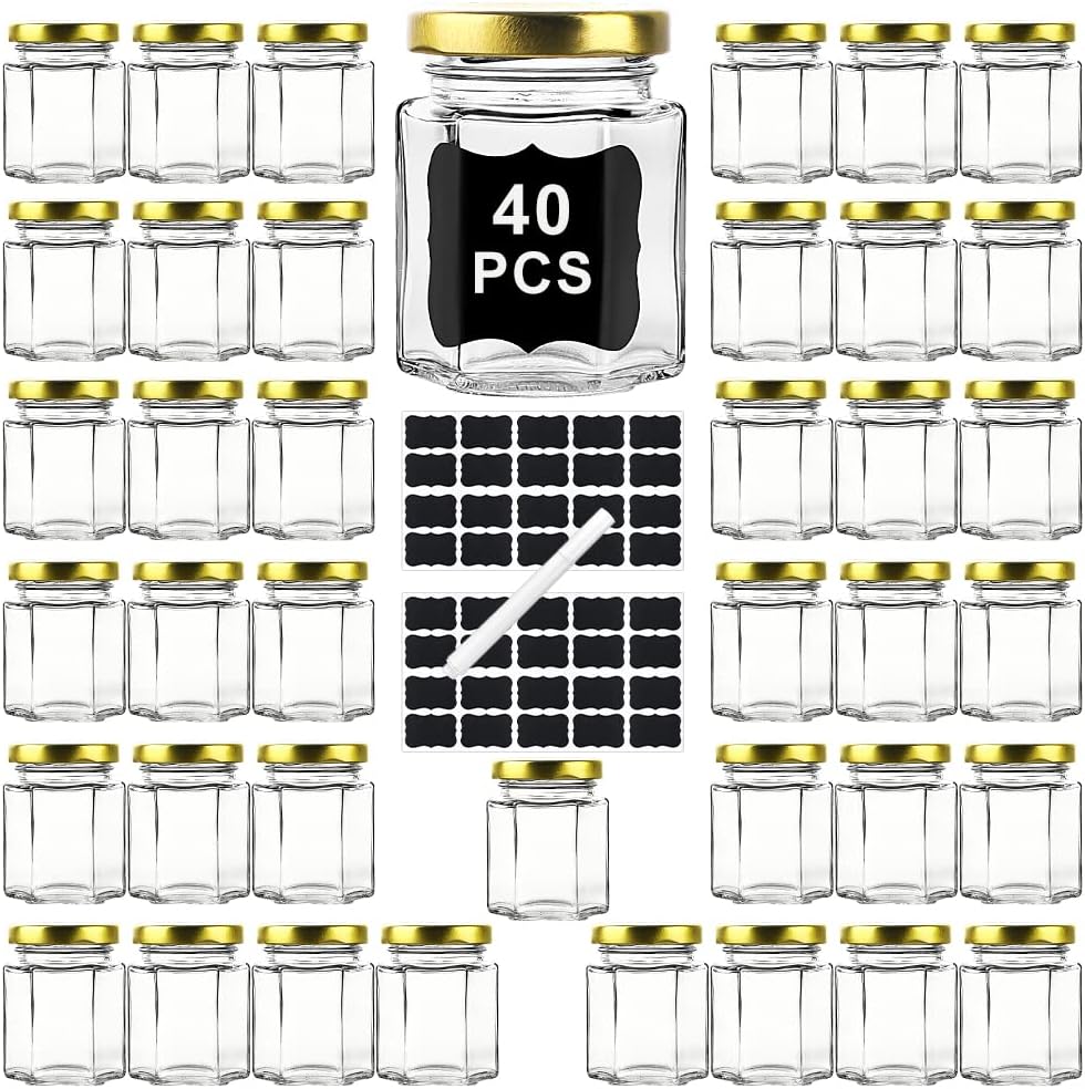 40 Pack Hexagonal Honey Jars with Lids - Reusable 34 Oz Glass Canning Containers