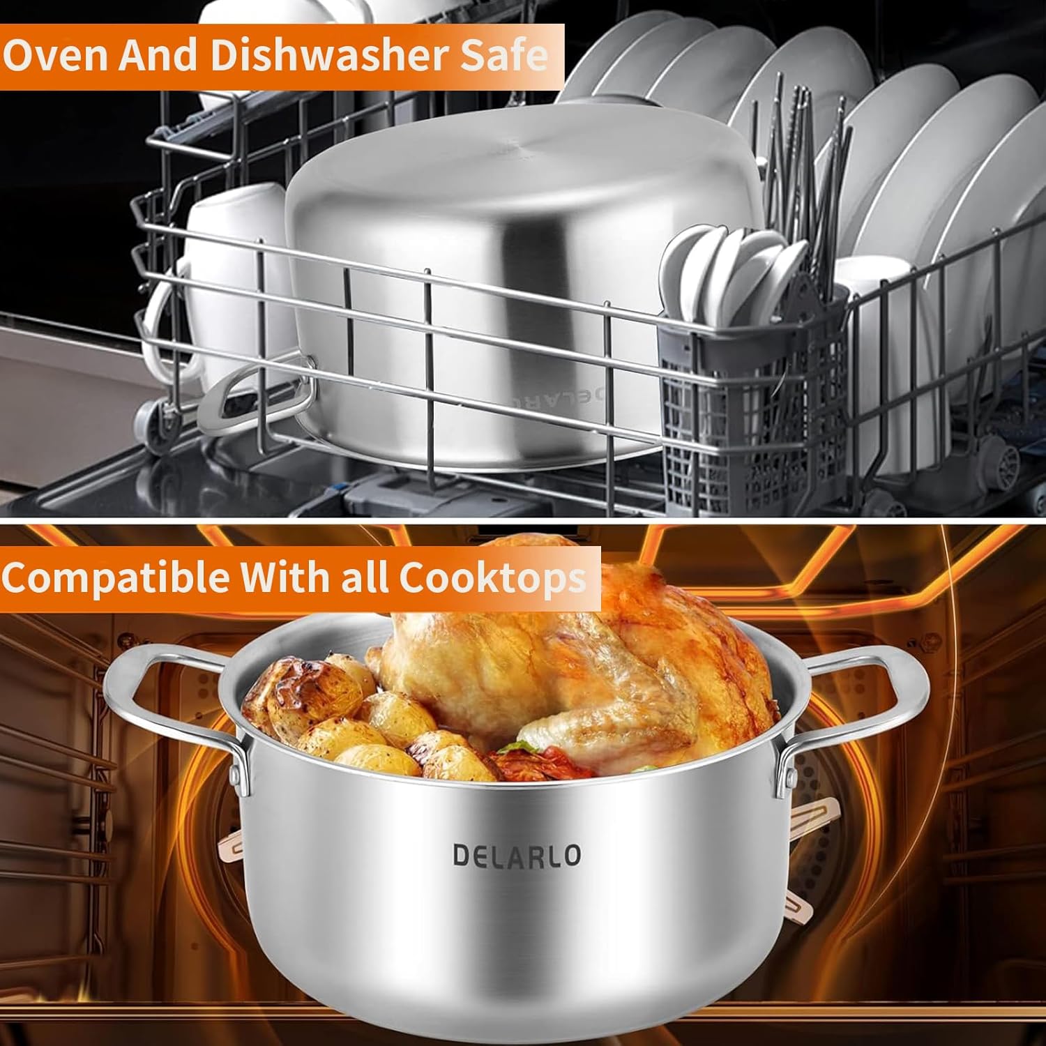 Delarlo 6QT Tri-Ply Stainless Steel Stockpot with Lid