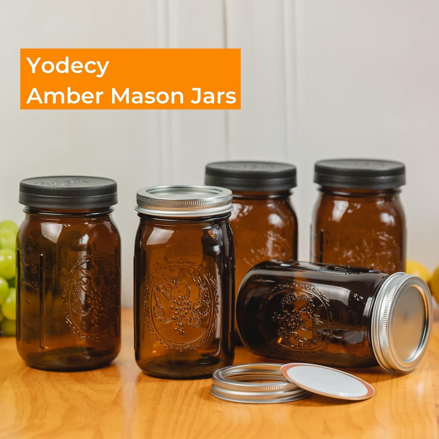 4 Pack 32 oz Amber Mason Jars with Airtight Lids and Plastic Lids
