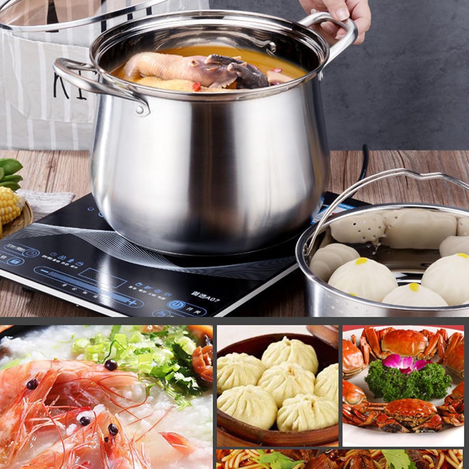 SVRITE 109 Qt Deep Chicken Stew Pot with Steamer Basket and Glass Lid