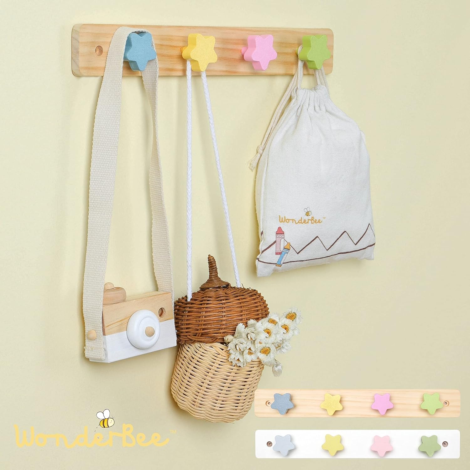 WonderBee Kids Coat Rack Wall Mount with 4 Star Pegs